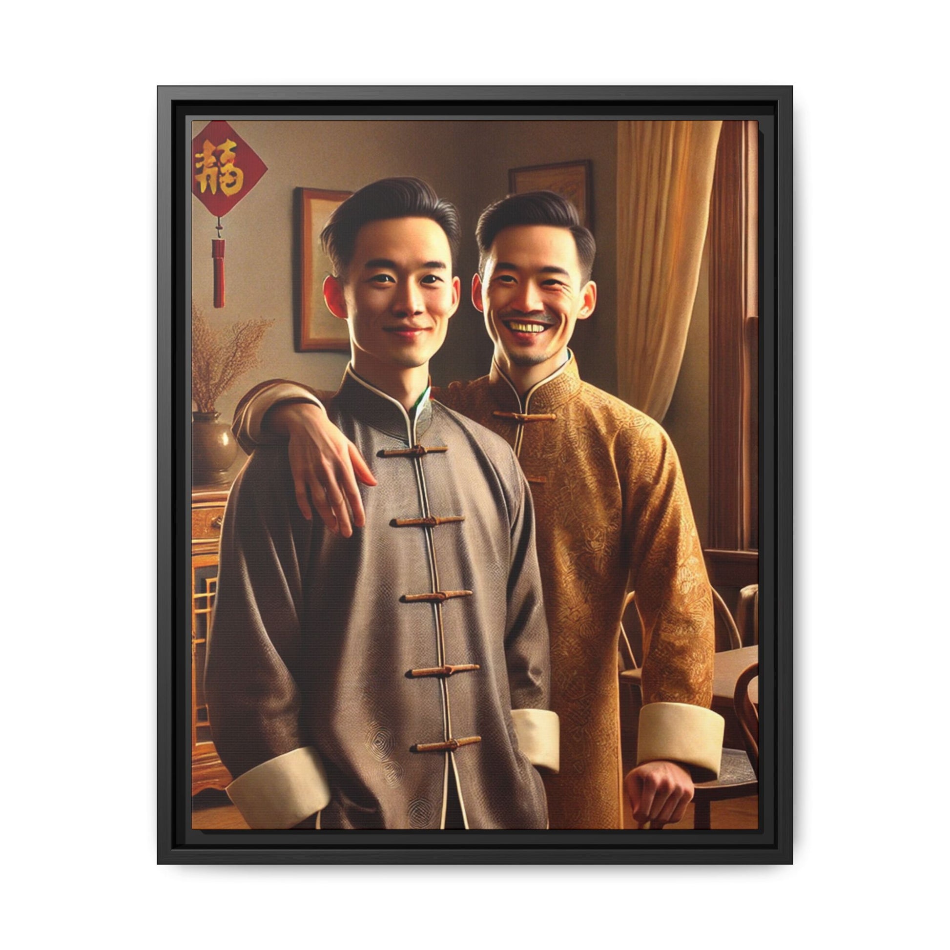 Artwork featuring a joyful portrait of a Chinese queer couple celebrating Chinese New Year in traditional attire. Set in a cozy American home adorned with subtle decorations, this image captures love, cultural pride, and warmth, blending Chinese heritage with a Midwestern setting