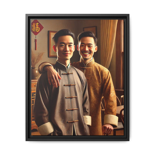 Artwork featuring a joyful portrait of a Chinese queer couple celebrating Chinese New Year in traditional attire. Set in a cozy American home adorned with subtle decorations, this image captures love, cultural pride, and warmth, blending Chinese heritage with a Midwestern setting
