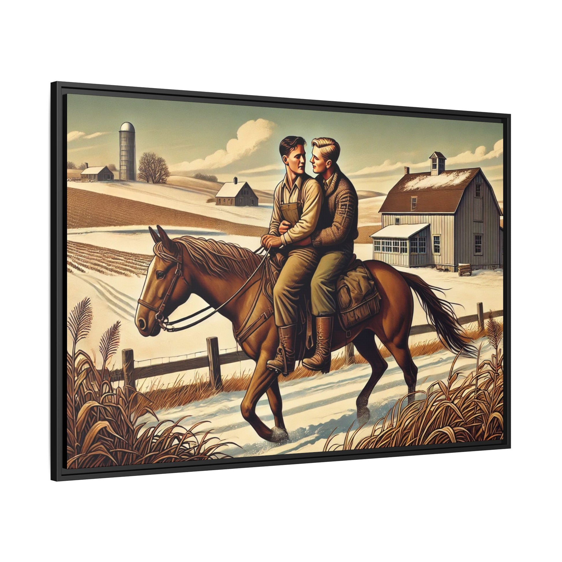 Artwork of a gay couple sharing a tender moment while seated together on a single horse in a snowy, rural Midwestern landscape. Dressed in early 20th-century attire, the men gaze at each other warmly, capturing love, resilience, and companionship in a serene 1930s-inspired American scene
