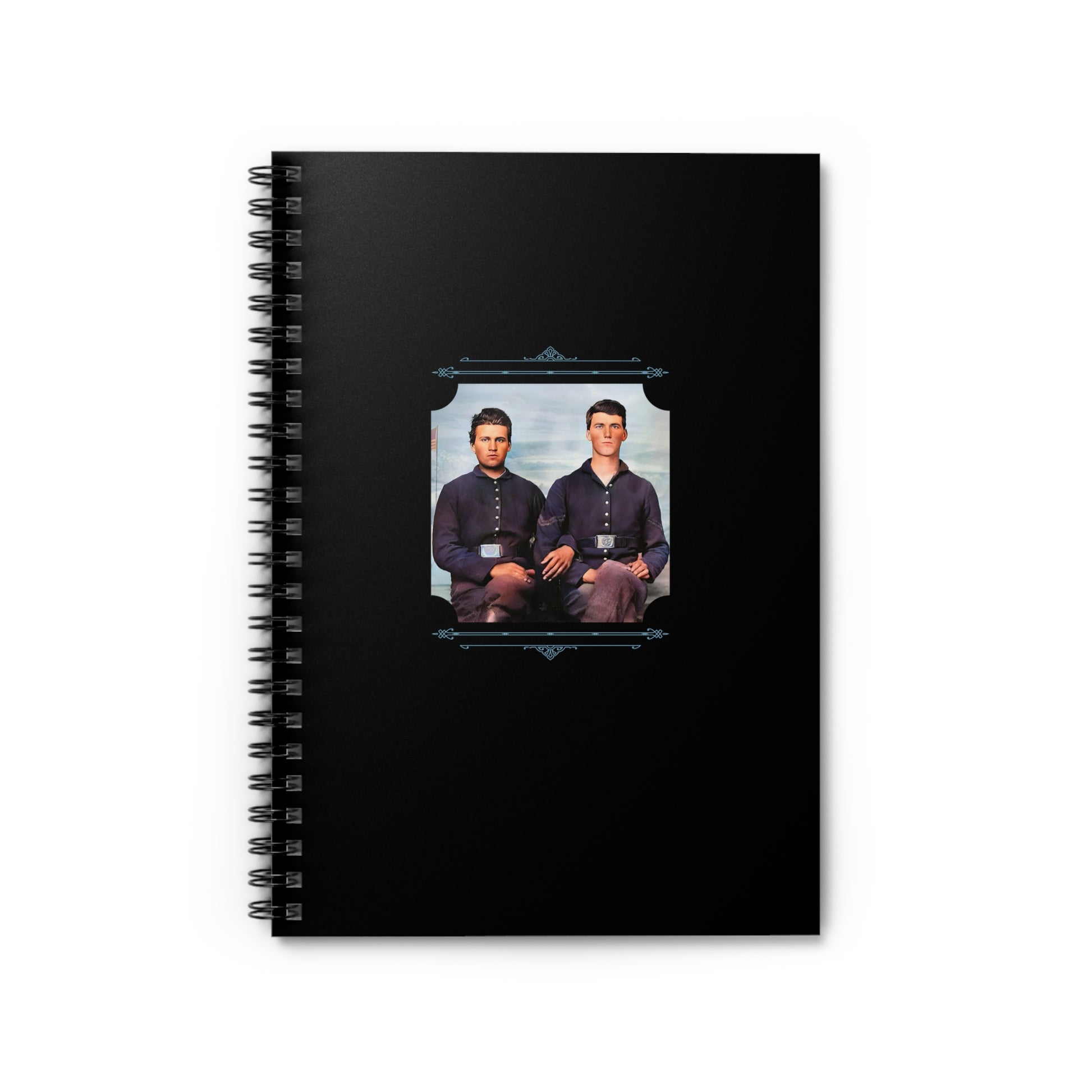 Spiral notebook featuring a Civil War-era studio photo of two young Union soldiers sitting closely together.