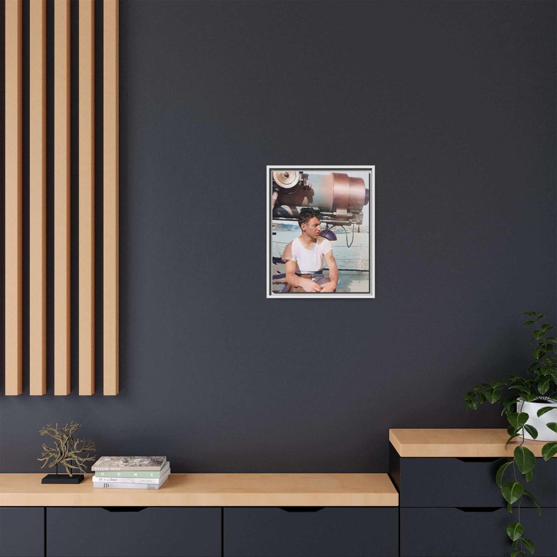 A restored vintage portrait of Harvey aboard the USS Oklahoma (BB-37). This framed matte canvas honors naval history, resilience, and service. Battleship Photo
