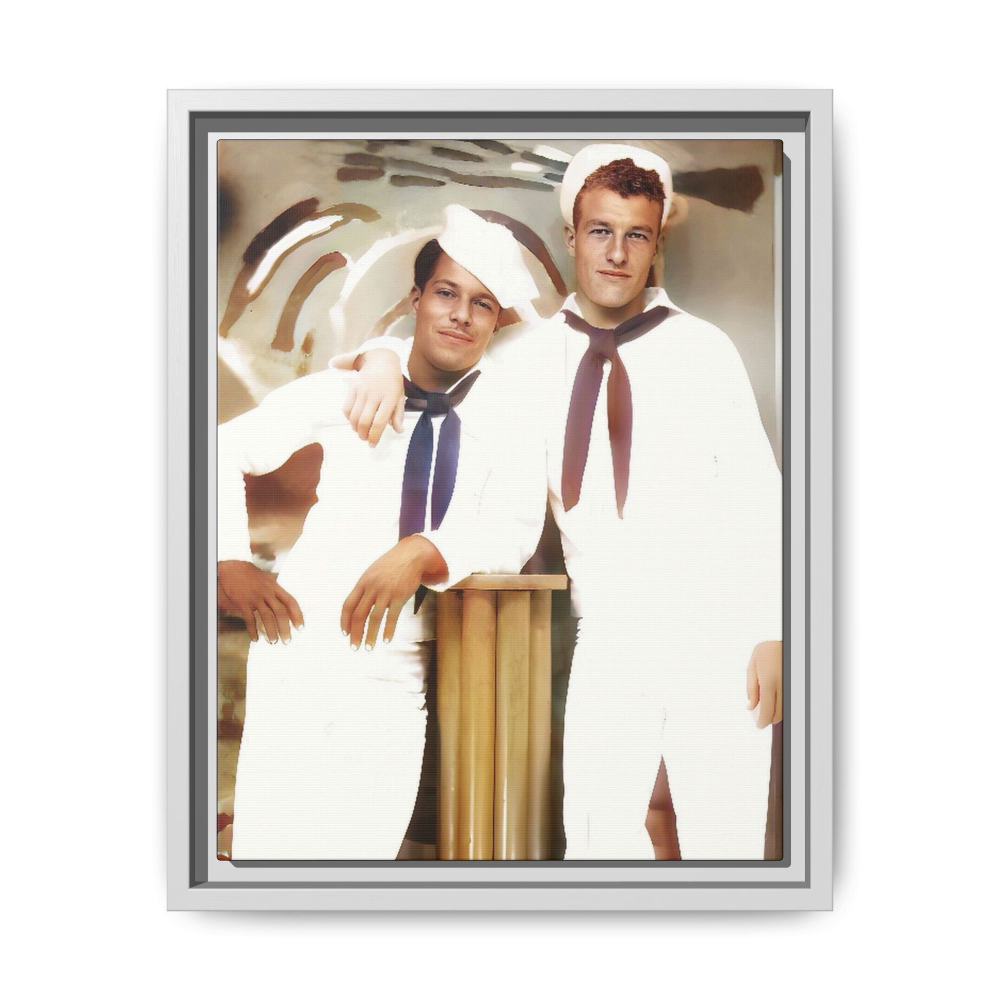Vintage portrait of Leo & Russel aboard the USS South Dakota. Dressed in crisp naval whites, this LGBTQ+ military art print honors love, service, and history. A perfect addition for collectors, history lovers, and those who cherish authentic connections. African American Gay Juneteenth Black History Month Love Couple