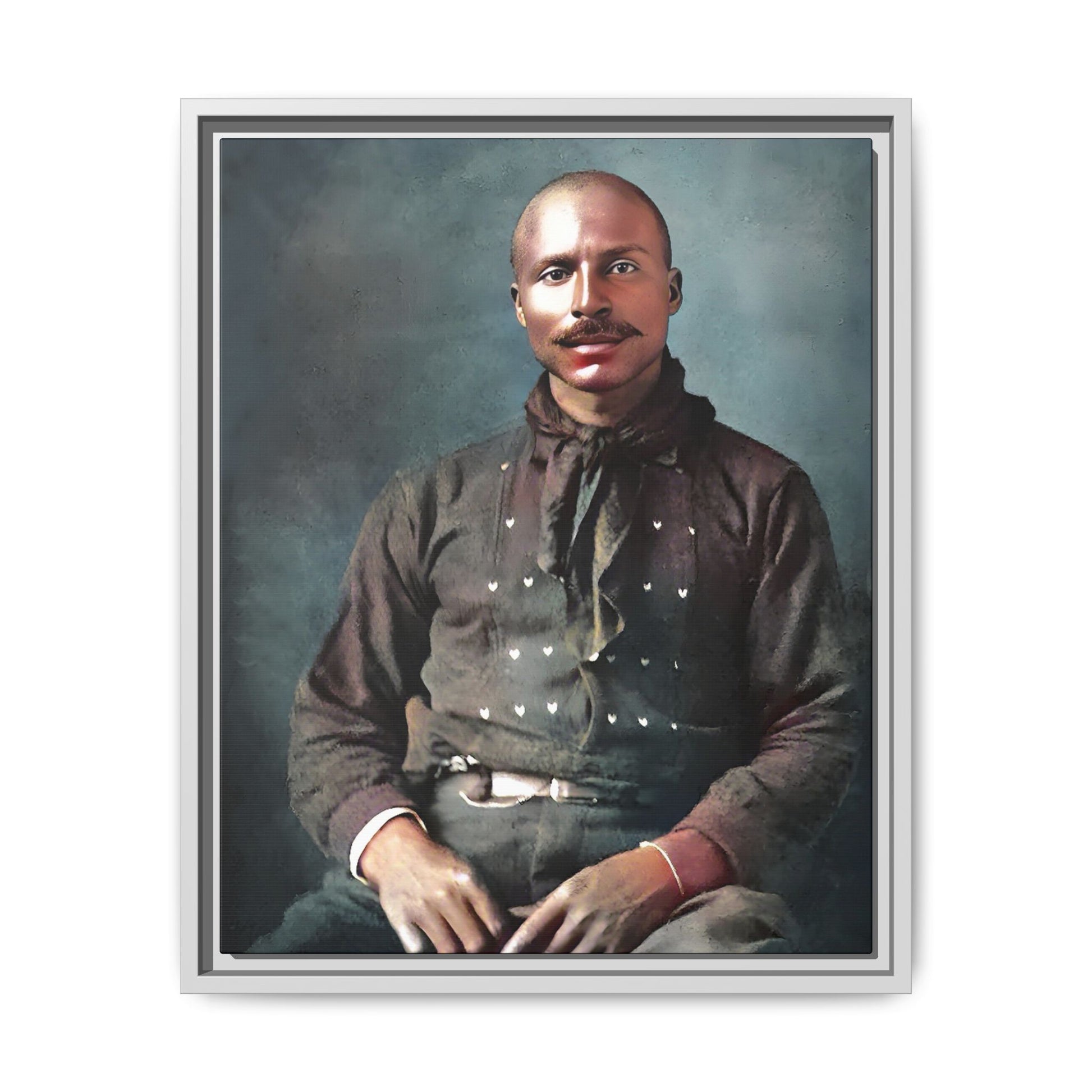 A vintage Western portrait of Jorge, capturing the rugged charm of the Old West in Mesa, Arizona. This framed matte canvas showcases resilience and classic cowboy style, perfect for rustic, Western, or Americana-inspired decor. Hispanic Latino