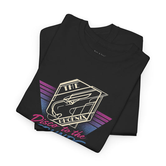 Front of The Phoenix Milwaukee historic gay bar T-shirt featuring retro neon disco artwork and original club address.