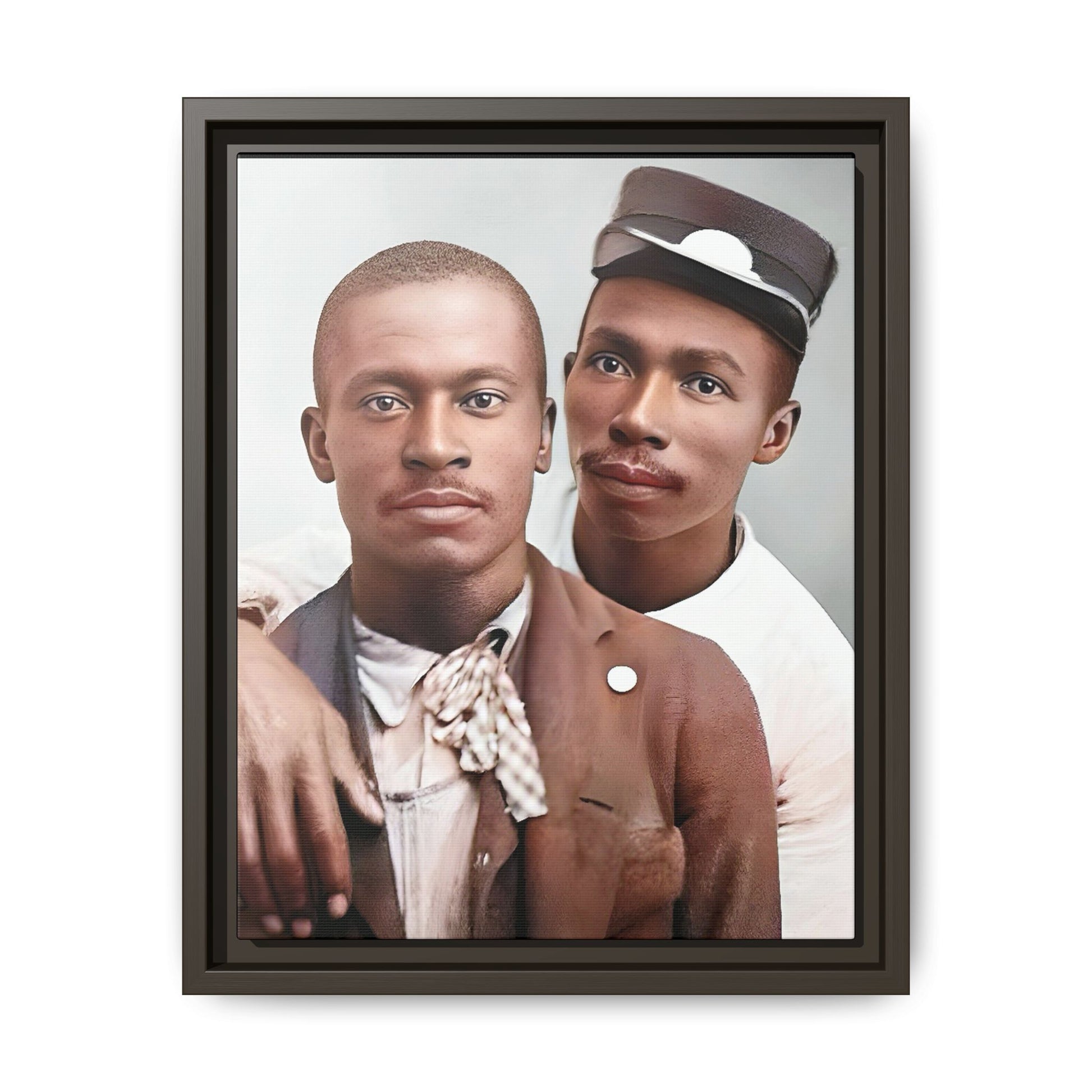 A restored vintage portrait of Willie & Louis at Metro-North Railroad in Harlem, New York. This framed matte canvas celebrates LGBTQ+ history, African American heritage, and timeless love. Gay Couple