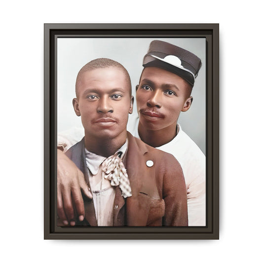 A restored vintage portrait of Willie & Louis at Metro-North Railroad in Harlem, New York. This framed matte canvas celebrates LGBTQ+ history, African American heritage, and timeless love. Gay Couple