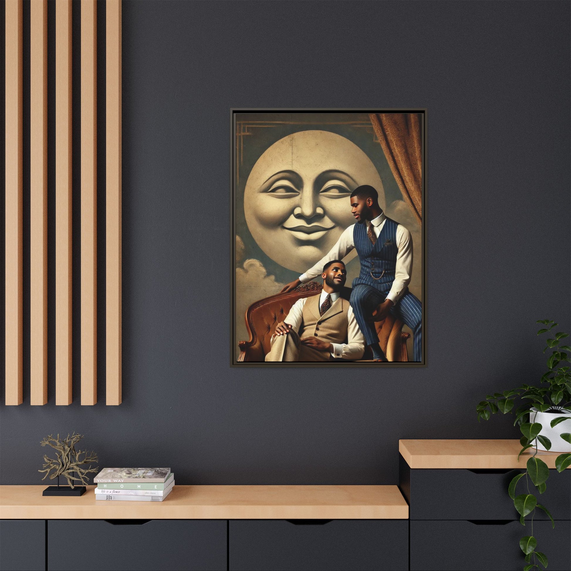 An elegant portrait of two Black men in vintage suits, seated affectionately beneath a smiling full moon. This 1920s-inspired artwork reclaims lost LGBTQ history, honoring Black queer love through style, softness, and resilience.