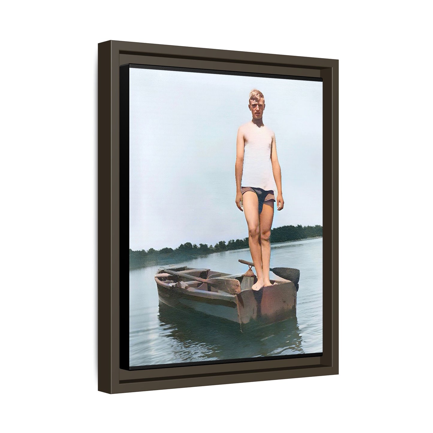 A framed vintage lake portrait on matte canvas featuring George standing on a rowboat at Creve Coeur Lake, Missouri, capturing timeless outdoor nostalgia.