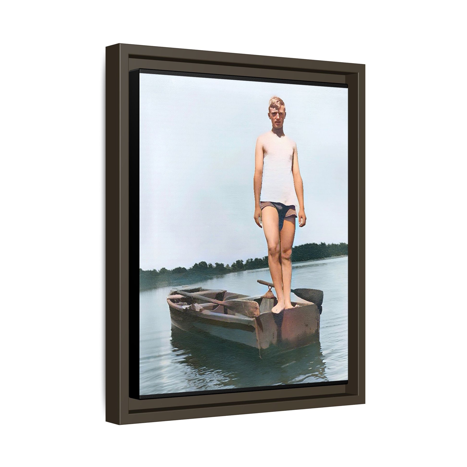 A framed vintage lake portrait on matte canvas featuring George standing on a rowboat at Creve Coeur Lake, Missouri, capturing timeless outdoor nostalgia.
