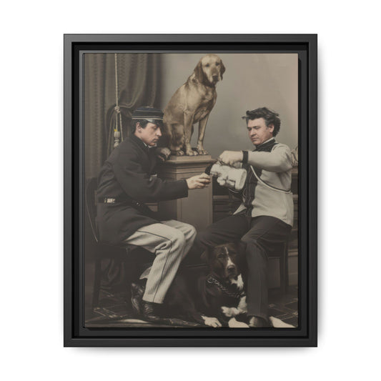 Vintage studio photograph of two seated companions with two dogs in period clothing
