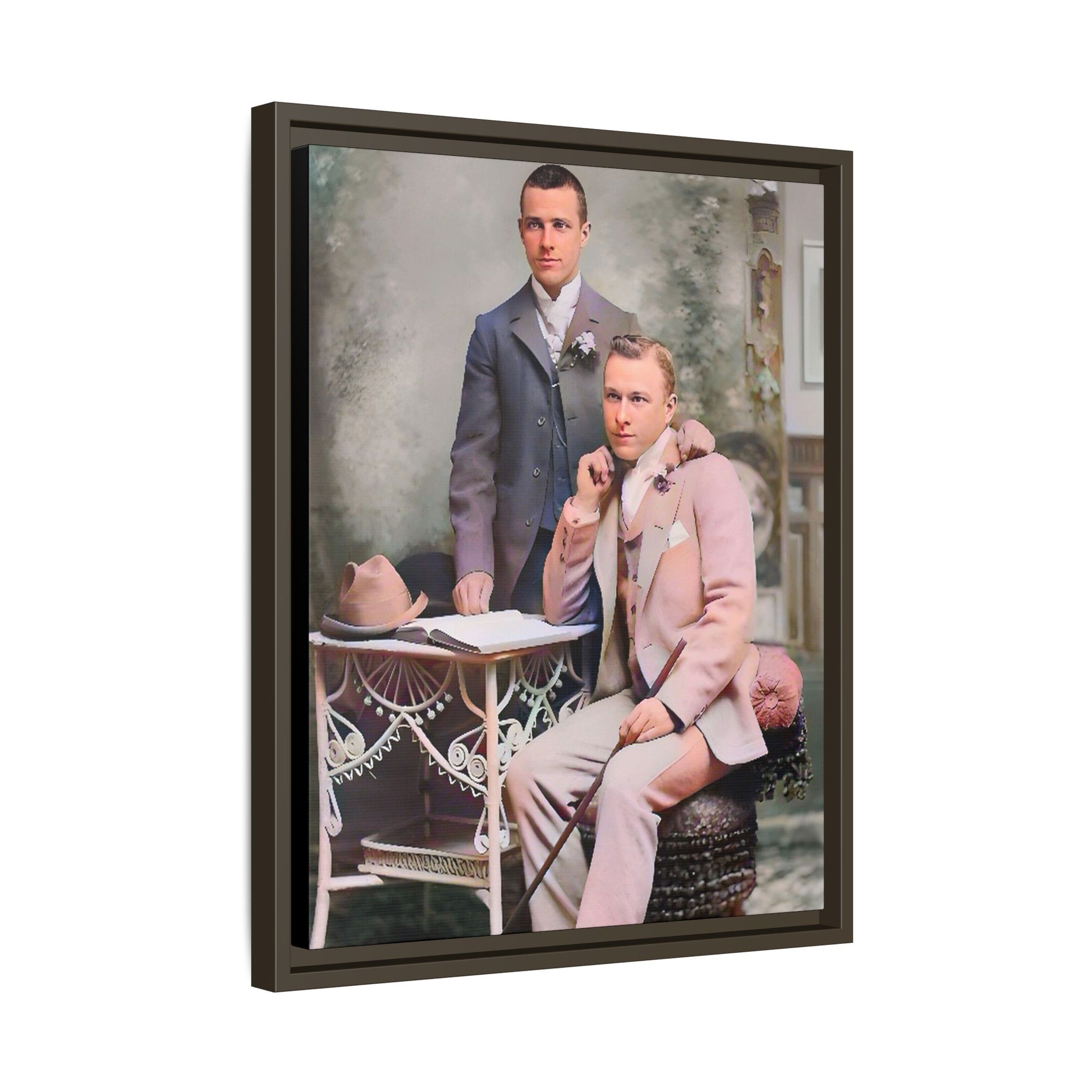 Restored early 1900s photo of Walt and Dewey in tailored suits, posed elegantly in Kansas City, celebrating LGBTQ+ love and resilience, framed as wall art. Gay Coup