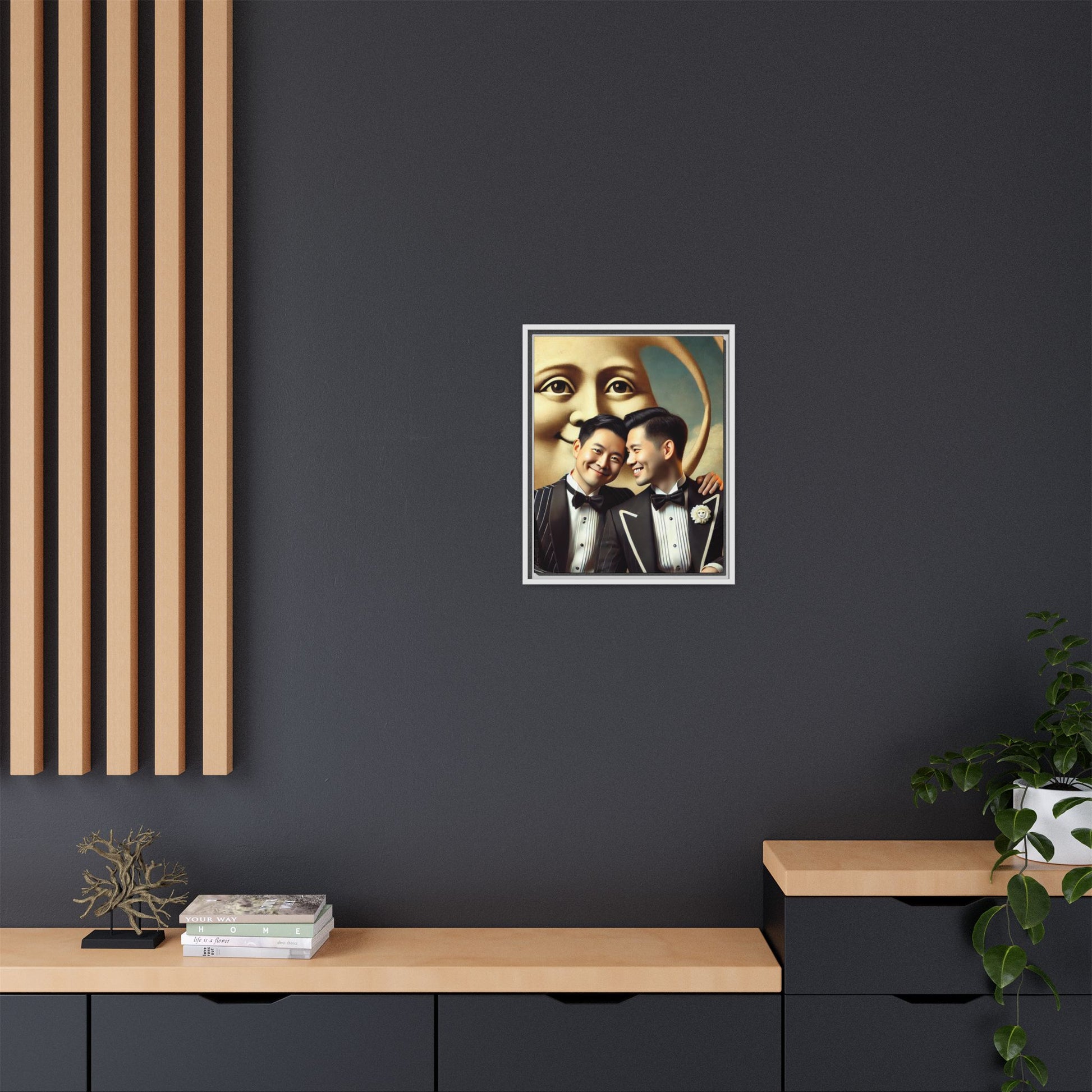 Framed matte canvas featuring a joyful queer Asian couple in tuxedos standing beneath a crescent moon. This artwork, part of the Missing Art Studies series, reimagines erased queer histories with warmth, dignity, and vintage-inspired style.