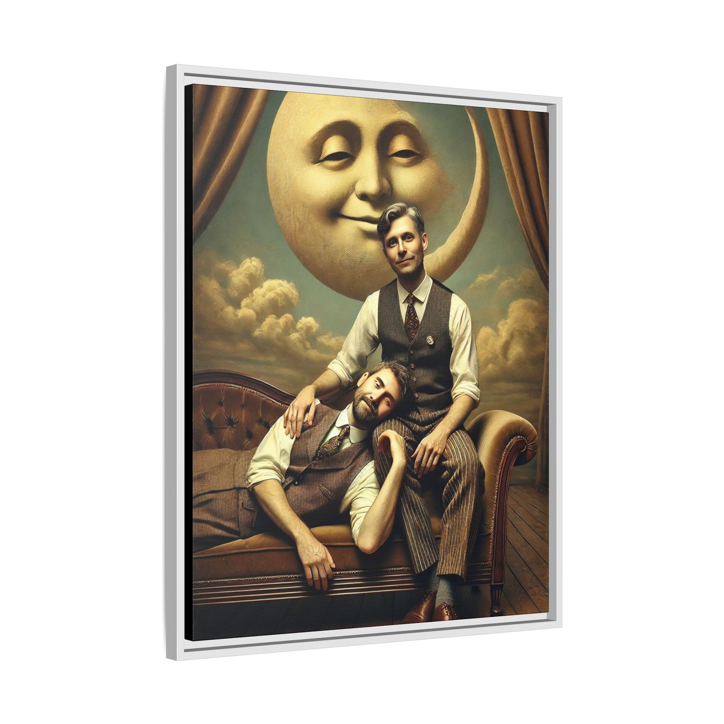 Vintage-style artwork of two men in 1920s clothing sitting close, one resting his head on the other’s lap beneath a smiling moon. Surrounded by theatrical curtains and clouds, this original piece honors lost queer love and challenges historical erasure with tenderness and pride.