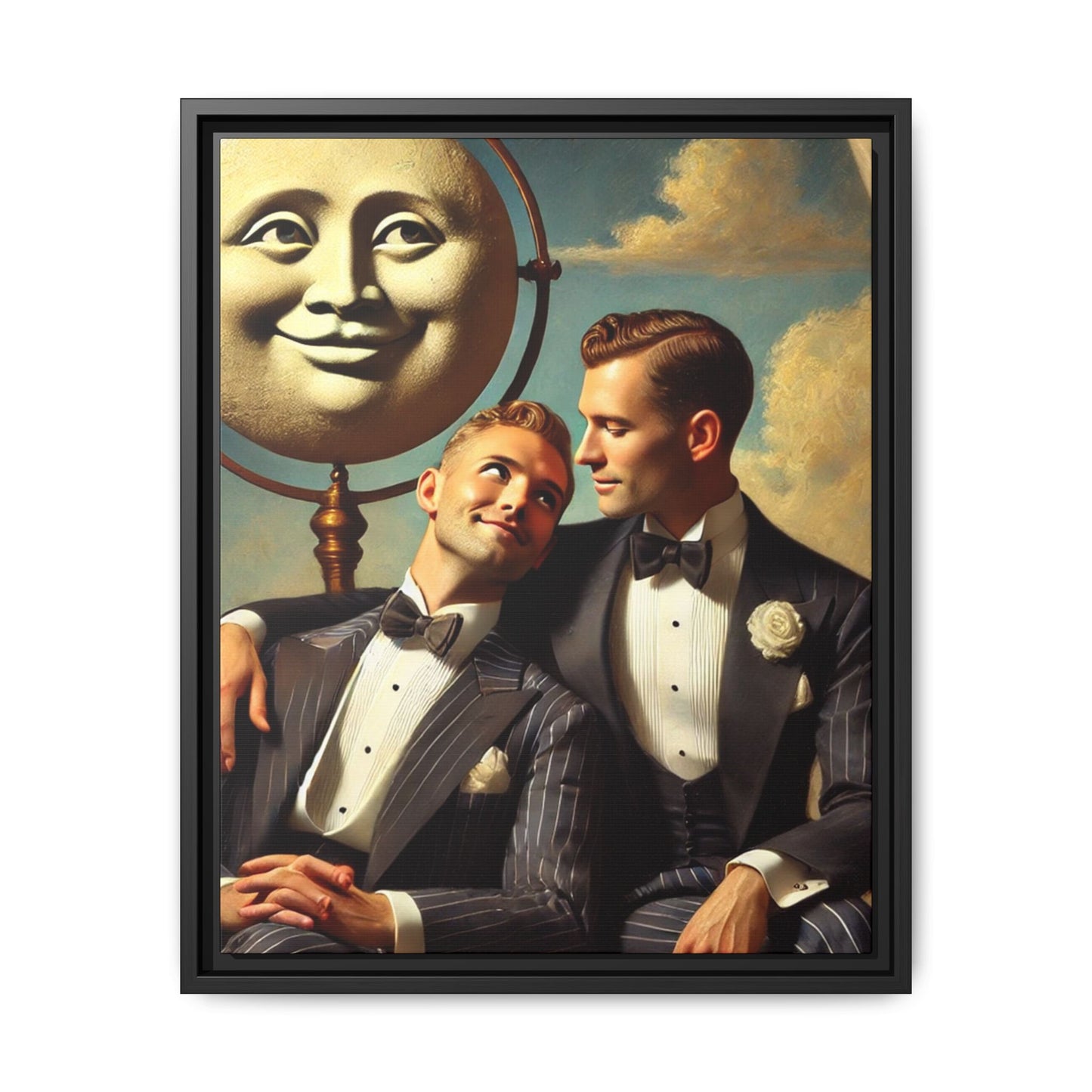 Framed matte canvas portrait featuring two young men in vintage overalls with a crescent moon prop above them. This artwork from the Missing Art Studies series reclaims LGBTQ+ imagery that may have been lost to bias, presenting warmth, intimacy, and presence.