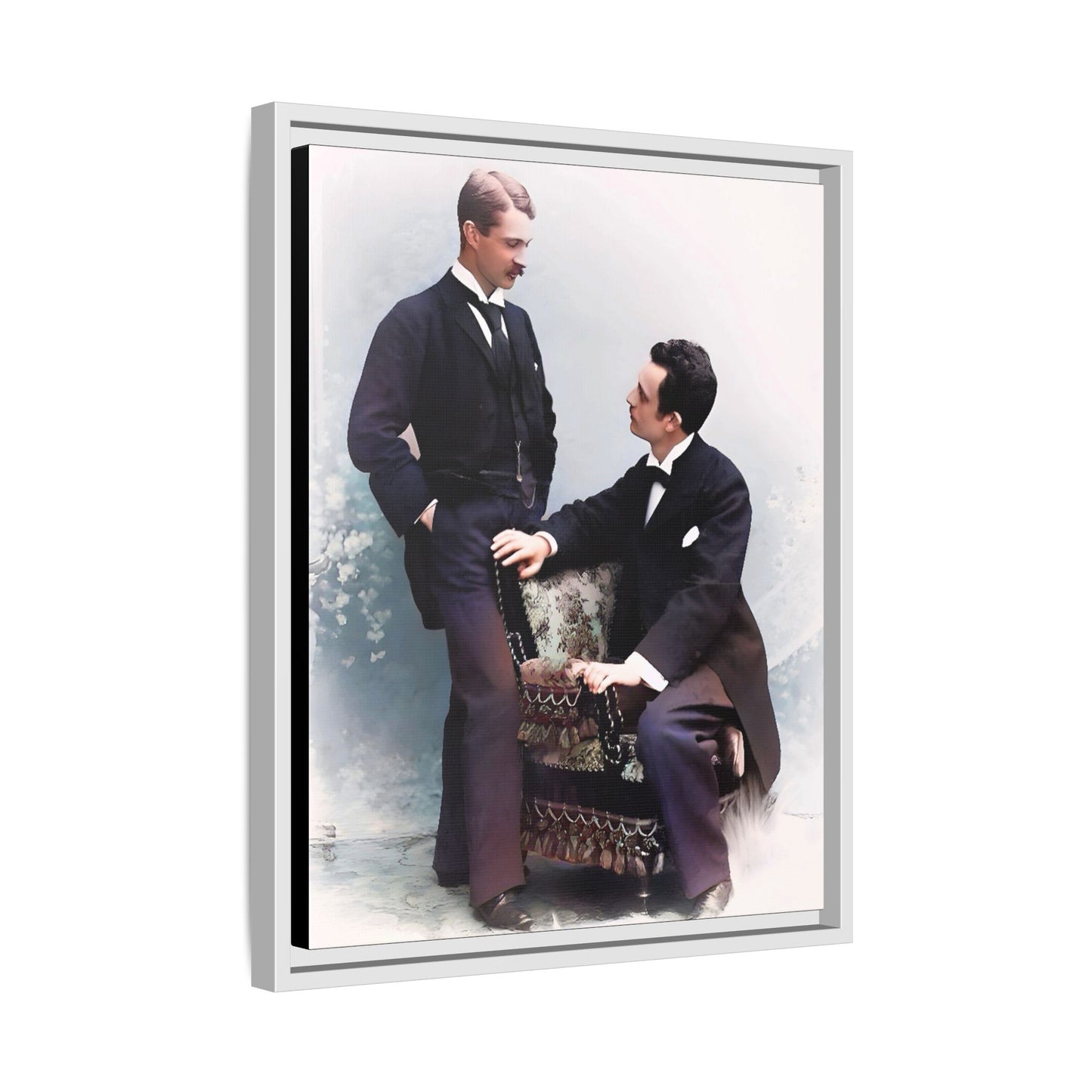 A beautifully restored vintage portrait of Ernest & Richard in Wilmington, North Carolina, exuding elegance and deep connection. Dressed in refined suits, their poised expressions capture a timeless LGBTQ+ love story, making this framed matte canvas print a stunning historical art piece for collectors and enthusiasts.