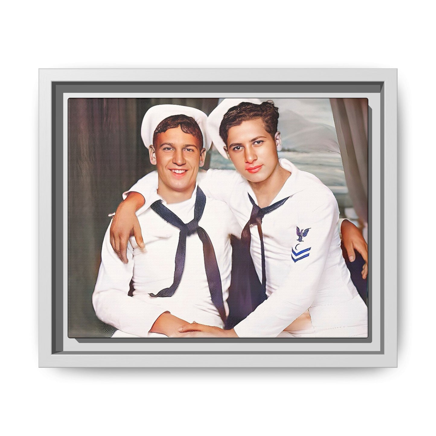 A restored vintage Navy portrait of Kenny and William at Fort Lee, Virginia. This framed matte canvas print honors military camaraderie, resilience, and LGBTQ+ history with a timeless tribute to friendship and love. Gay Couple Sailors Navy