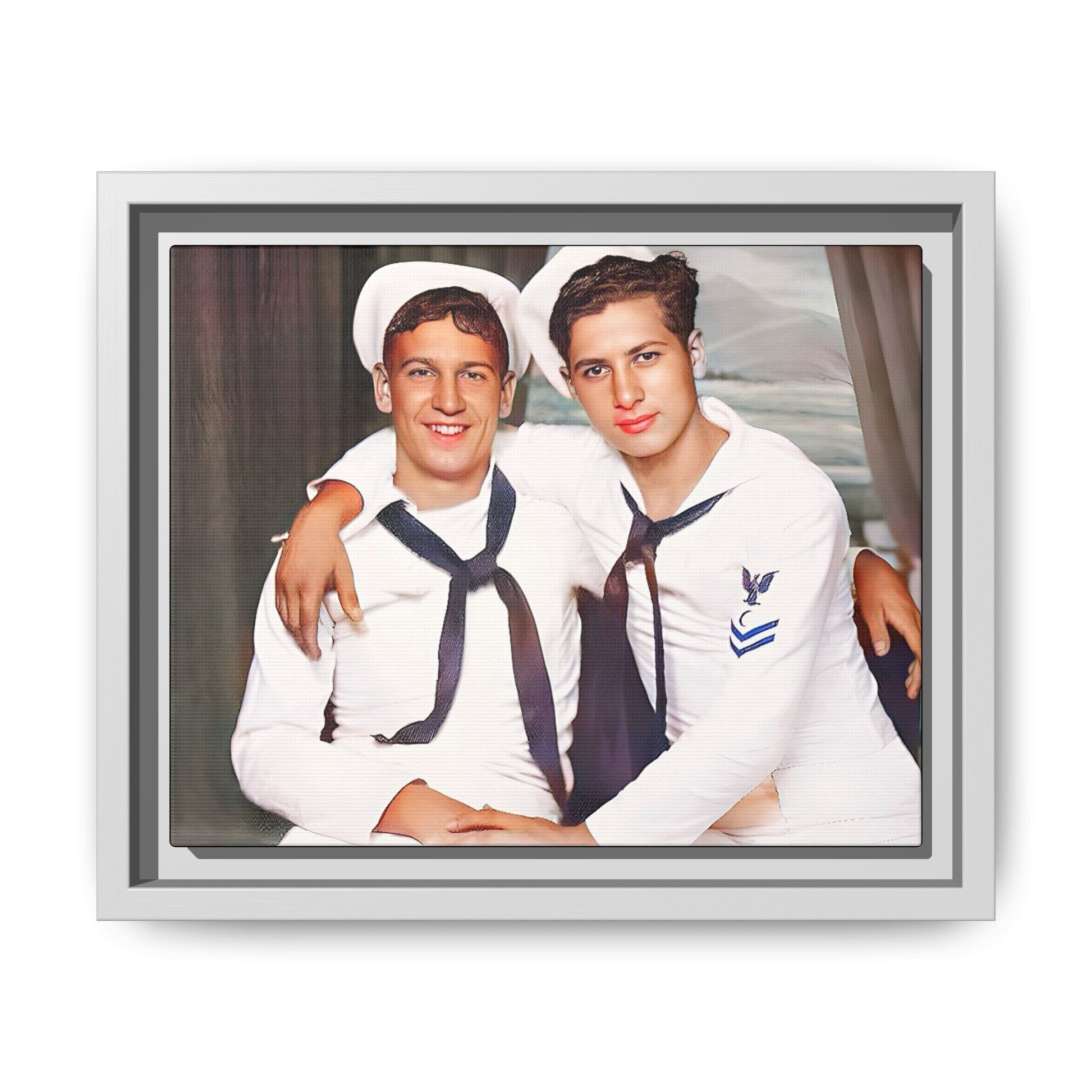A restored vintage Navy portrait of Kenny and William at Fort Lee, Virginia. This framed matte canvas print honors military camaraderie, resilience, and LGBTQ+ history with a timeless tribute to friendship and love. Gay Couple Sailors Navy
