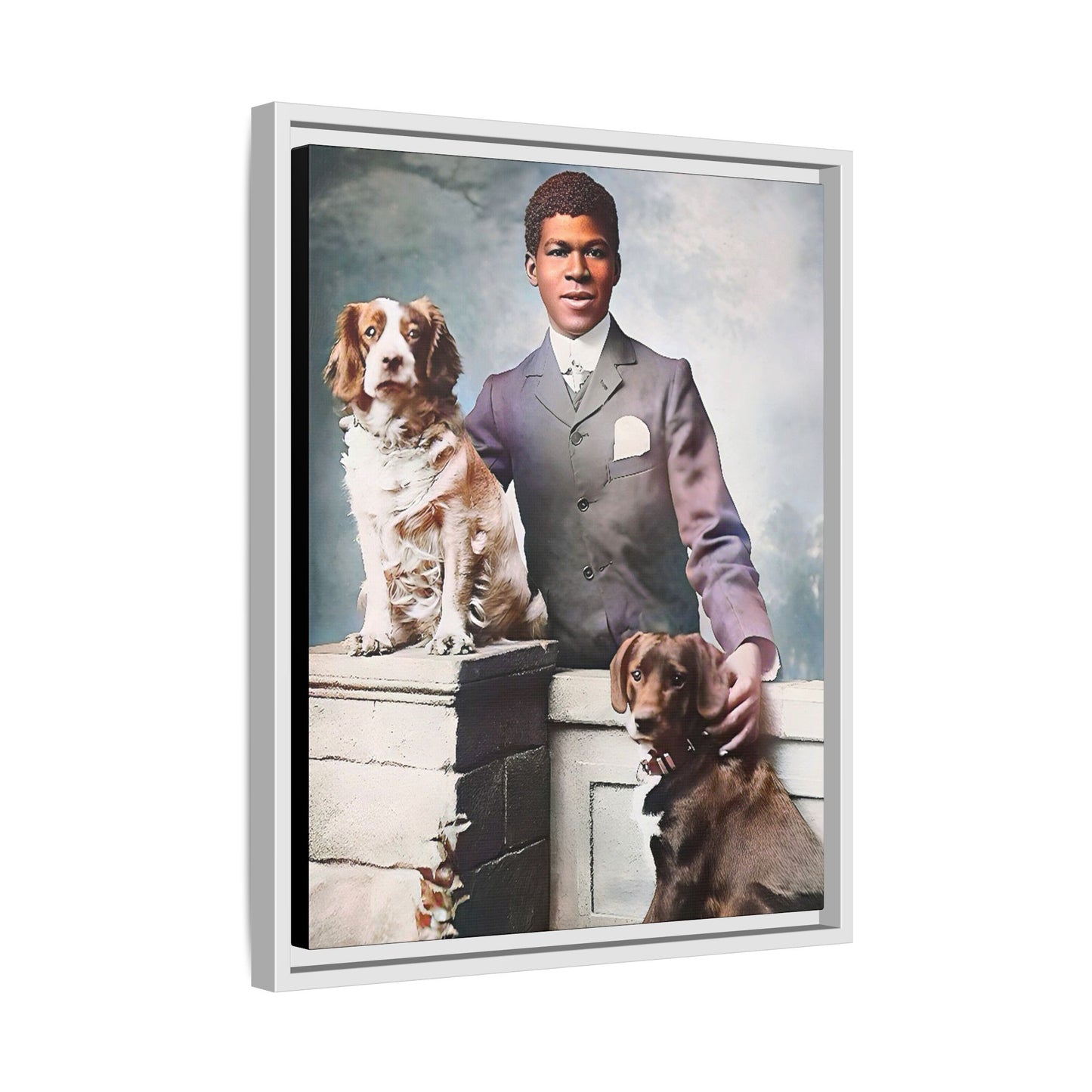 A restored vintage portrait of Marcus with his dogs, Buster and Ellis, in Charlotte, North Carolina. This framed matte canvas print captures the elegance of Southern charm and the enduring bond between a man and his loyal companions. Vintage Dog Portrait
