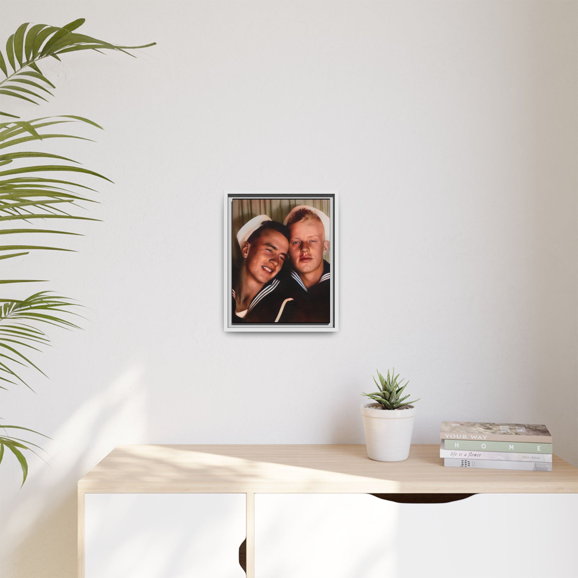A framed vintage sailor portrait on matte canvas featuring Ray and Clyde in Newport, Rhode Island, capturing timeless LGBTQ+ love and companionship. Gay Couple Photo Booth