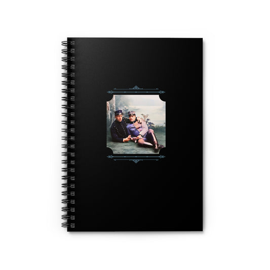 Black spiral notebook featuring a restored vintage studio photo of two Swedish soldiers posed in an affectionate embrace
