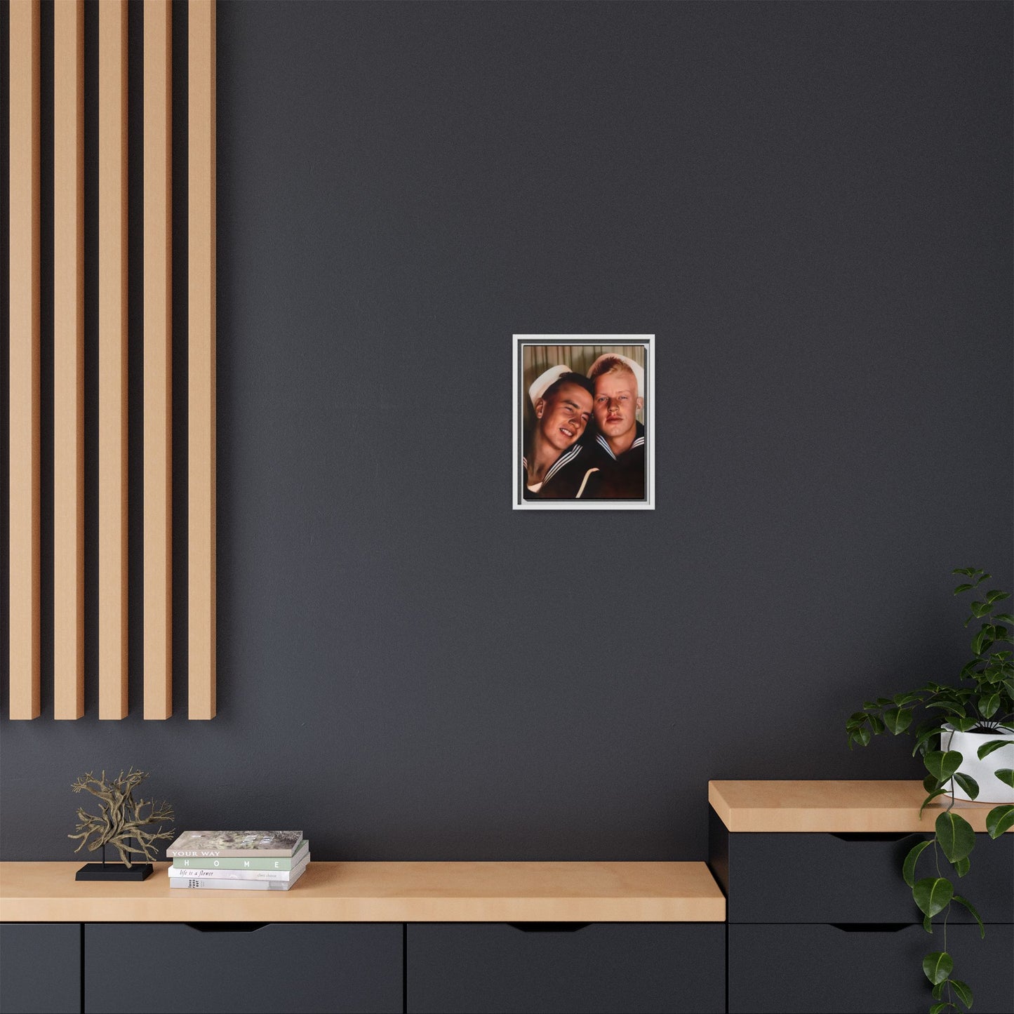 A framed vintage sailor portrait on matte canvas featuring Ray and Clyde in Newport, Rhode Island, capturing timeless LGBTQ+ love and companionship. Gay Couple Photo Booth