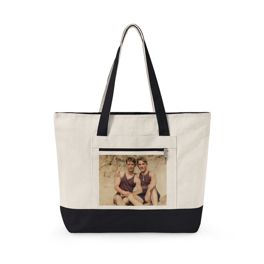 Zippered canvas tote with vintage beach companionship photograph
