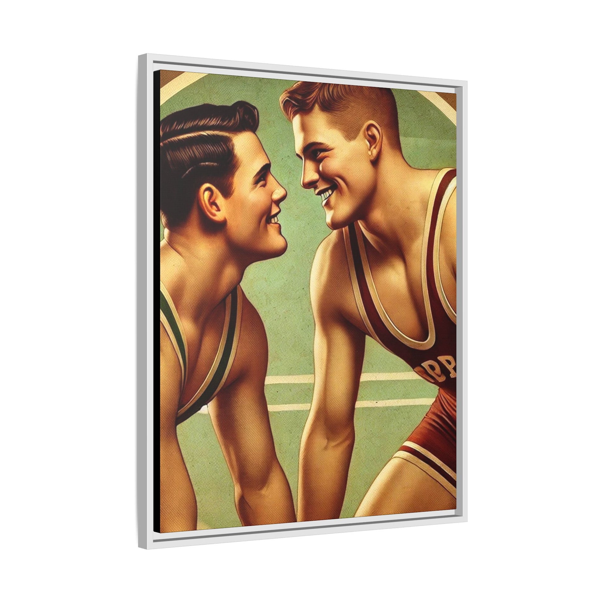 Framed artwork of two young wrestlers in vintage singlets on a stylized mat, inspired by Grant Wood's nostalgic Americana style.