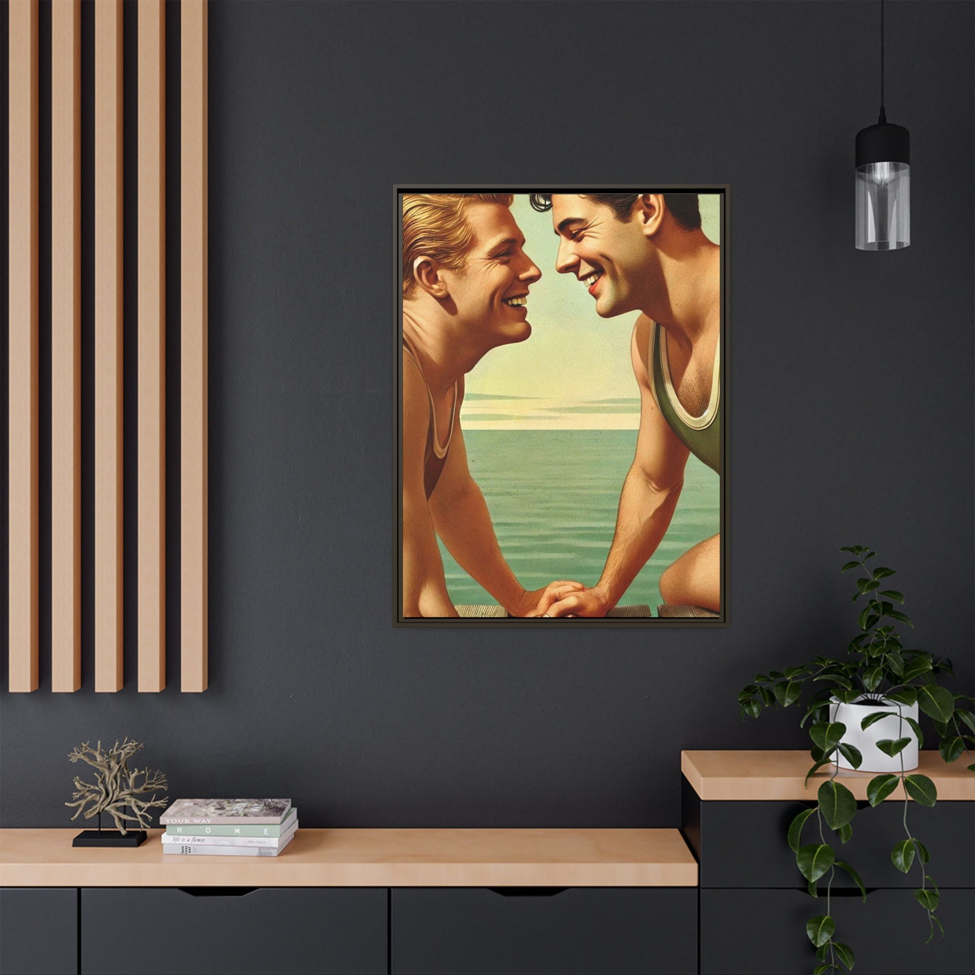 Vintage-style artwork of a joyful 1930s moment between a gay couple by the lake, dressed in classic swimwear and sharing warm smiles. Set on a serene wooden dock, this piece captures love, companionship, and LGBTQ+ history in an idyllic, nostalgic summer setting.