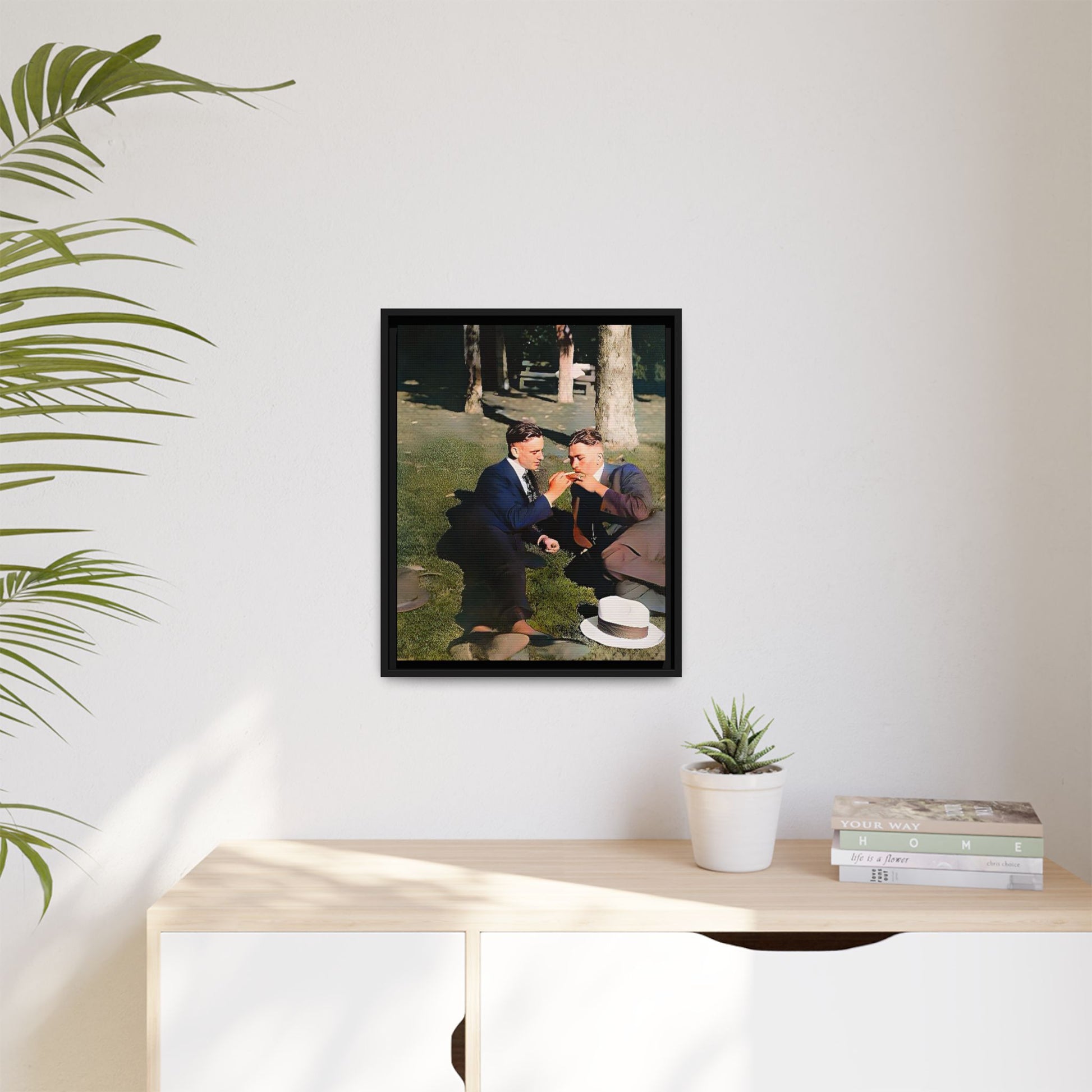 A framed vintage portrait on matte canvas featuring Oscar and Iván in Central Park, Manhattan, capturing timeless love and 1920s elegance. Gay Couple Queer History