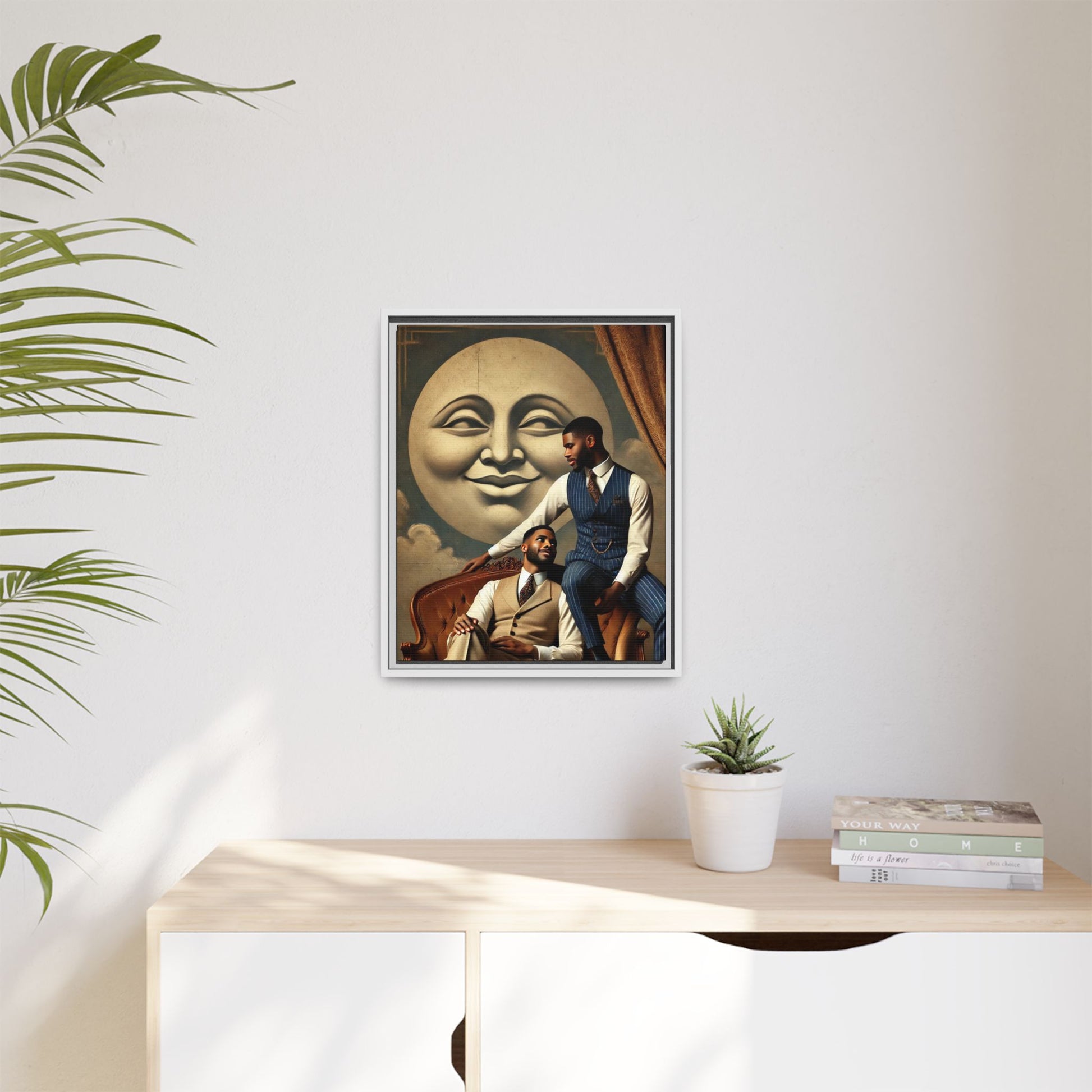 An elegant portrait of two Black men in vintage suits, seated affectionately beneath a smiling full moon. This 1920s-inspired artwork reclaims lost LGBTQ history, honoring Black queer love through style, softness, and resilience.
