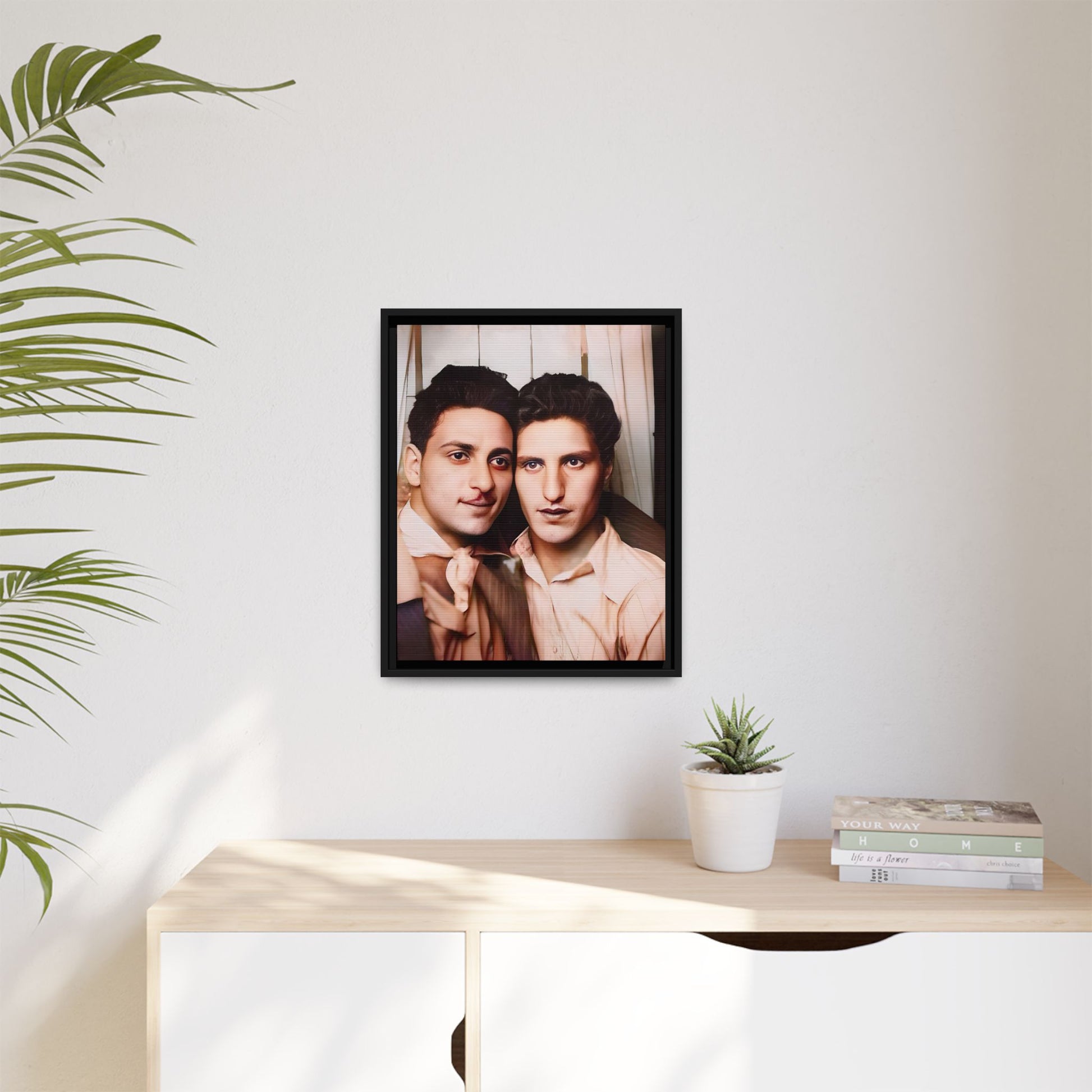 A framed vintage photo booth portrait on matte canvas featuring Juan and Lawrence in Santa Monica, California, capturing timeless LGBTQ+ love and companionship. Gay Couple