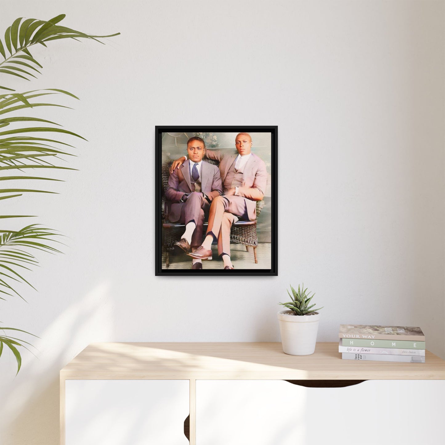 Restored vintage portrait of Walter & George, an African American gay couple seated in Birmingham AL, framed canvas art. Gay Juneteenth Black Love History Month