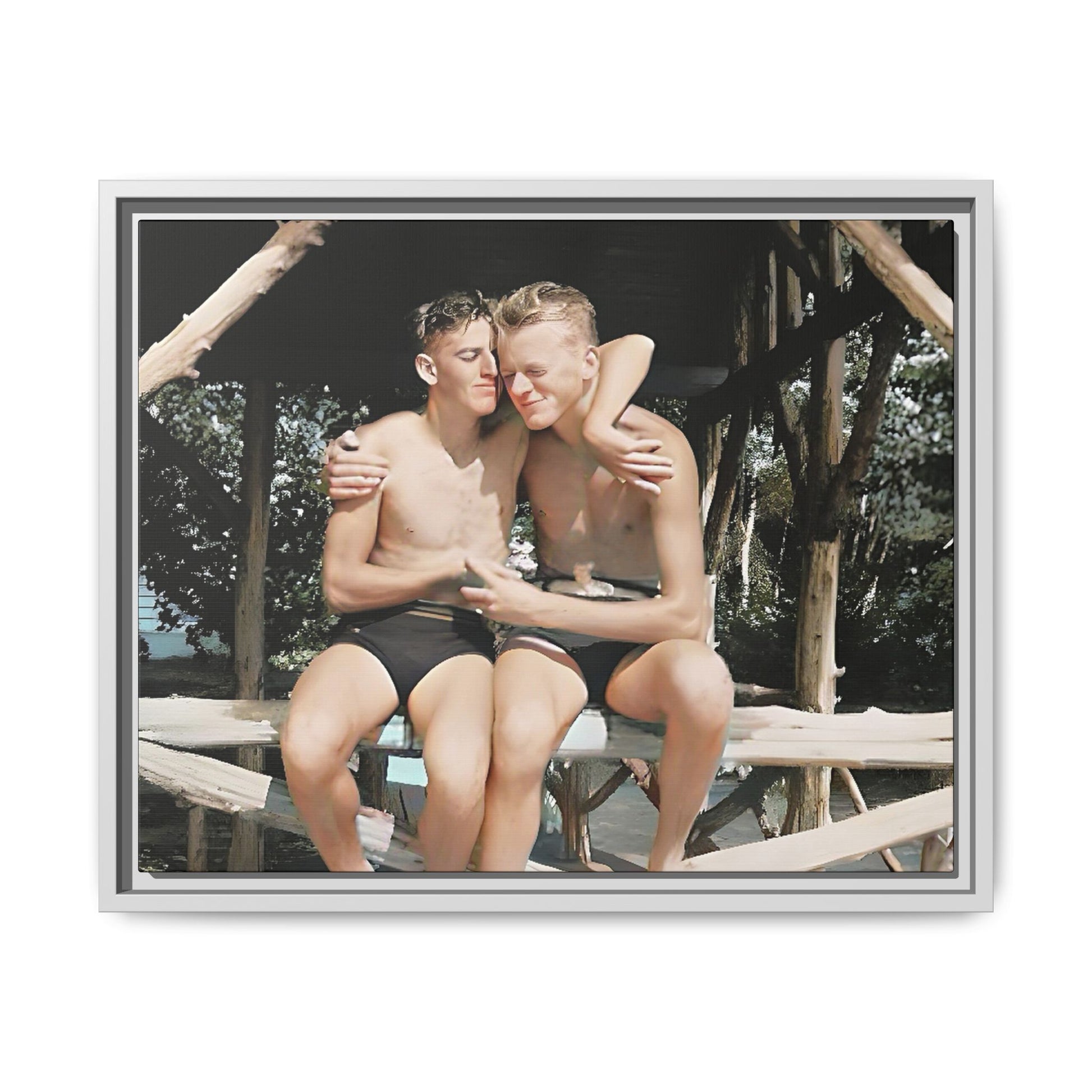 A vintage-inspired framed canvas print featuring Joseph and Billy at Kahena Beach, Hawaii. Their intimate moment under a sunlit pergola captures the warmth of love, freedom, and tropical serenity—perfect for coastal, LGBTQ+, and romantic home decor.