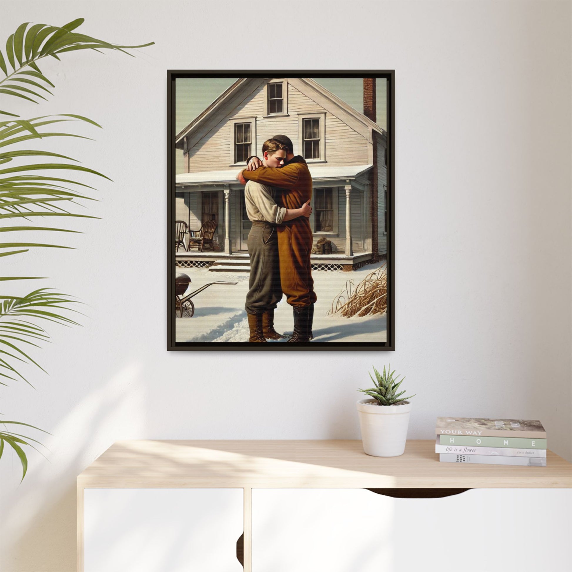 Artwork of a tender moment between a gay couple embracing outside a farmhouse in a snowy, rural landscape. Dressed in vintage attire, the two men find warmth and comfort in each other’s arms, capturing love and connection in a serene, Americana winter setting