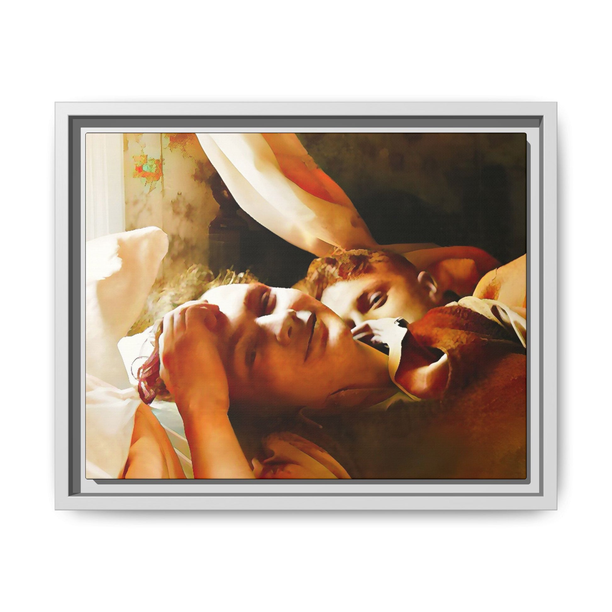 A heartwarming vintage portrait of Edwin and Floyd in Burlington, Vermont. This framed canvas print captures a quiet moment of LGBTQ+ love and intimacy, perfect for home decor, collectors, or as a sentimental gift celebrating timeless affection.