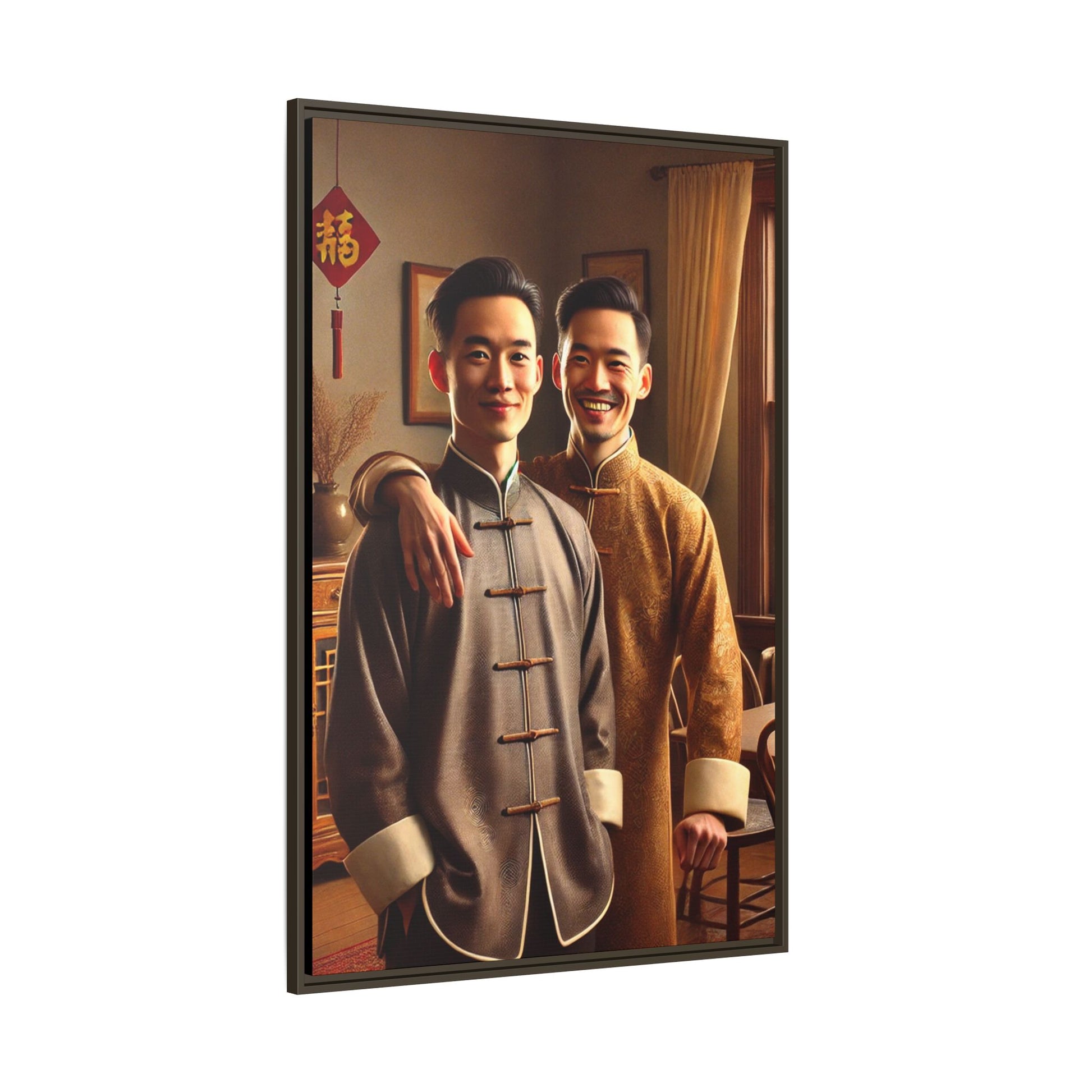 Artwork featuring a joyful portrait of a Chinese queer couple celebrating Chinese New Year in traditional attire. Set in a cozy American home adorned with subtle decorations, this image captures love, cultural pride, and warmth, blending Chinese heritage with a Midwestern setting