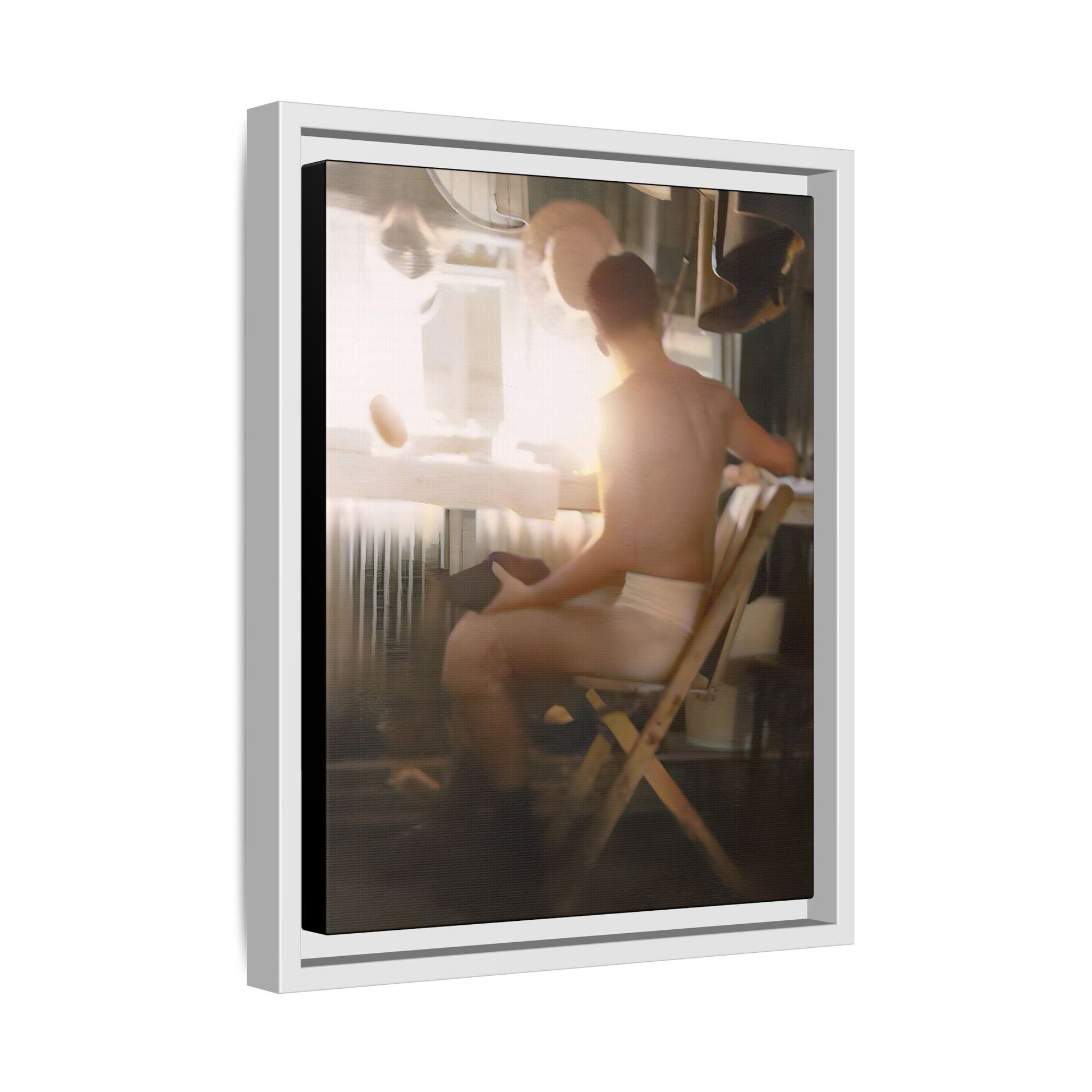 A vintage Hollywood portrait of Hugh in a backstage dressing room. This framed canvas print captures the elegance and mystique of old Hollywood, making it the perfect cinematic decor for film lovers and vintage photography collectors.