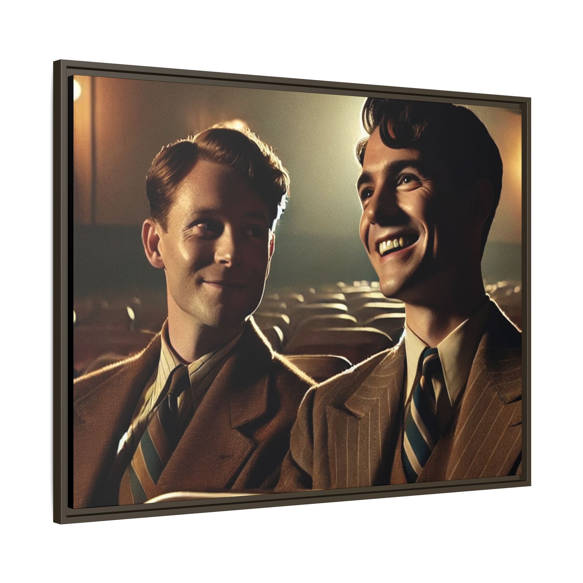 Vintage-style photo of two young men sharing an intimate moment on a date in a 1930s movie theater. Dressed in classic pinstripe suits, their smiles and close connection evoke the warmth and charm of the era, celebrating LGBTQ+ history and timeless romance.