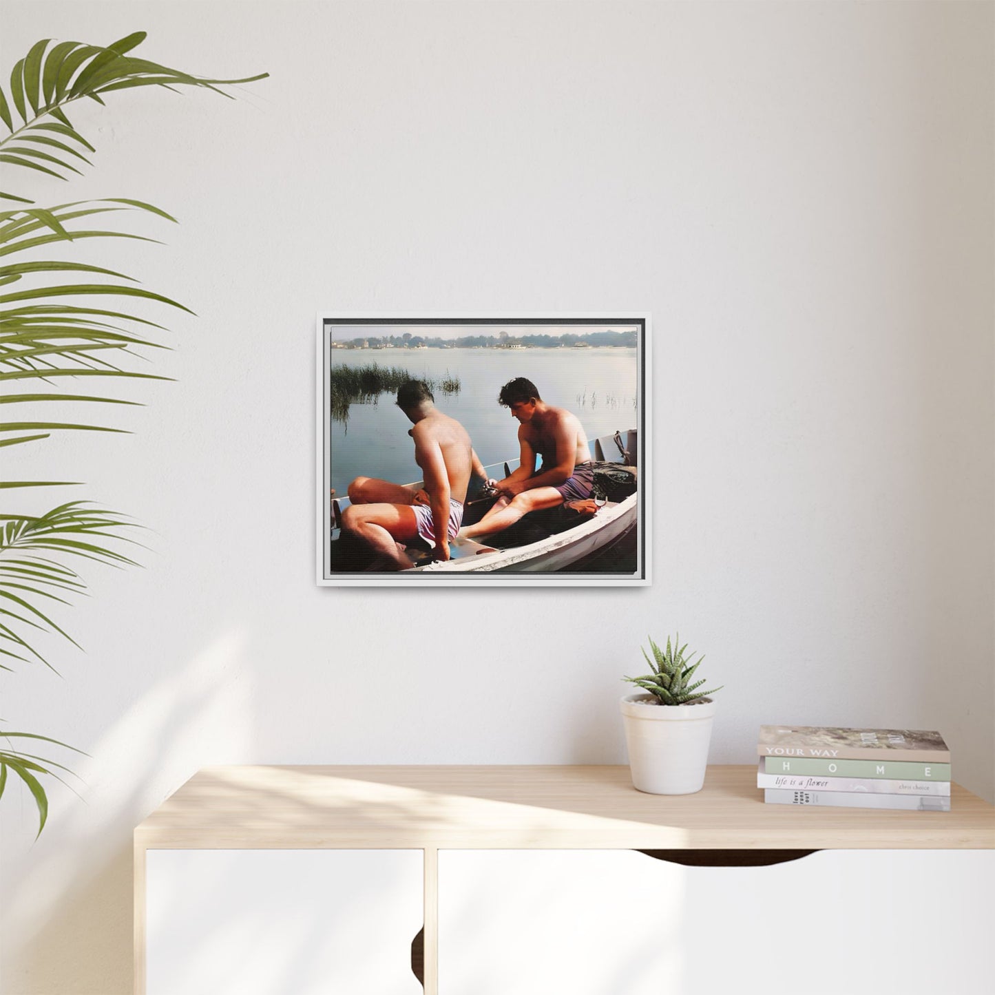 A restored vintage photo of Ned & Marty in a boat at Cape May, New Jersey. This framed matte canvas captures a serene LGBTQ+ love story, offering a nostalgic and timeless nautical scene perfect for collectors and history enthusiasts. Gay Couple