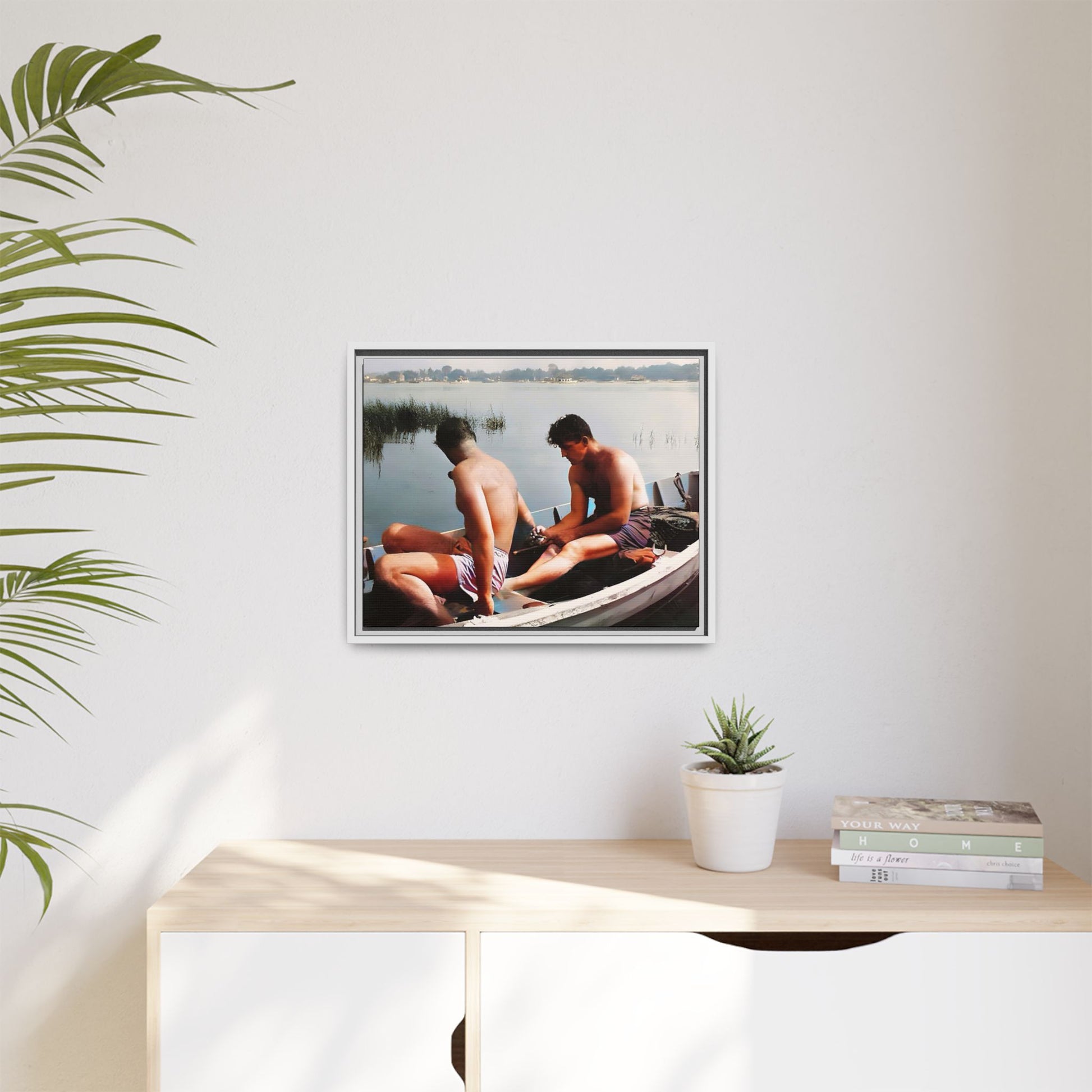 A restored vintage photo of Ned & Marty in a boat at Cape May, New Jersey. This framed matte canvas captures a serene LGBTQ+ love story, offering a nostalgic and timeless nautical scene perfect for collectors and history enthusiasts. Gay Couple