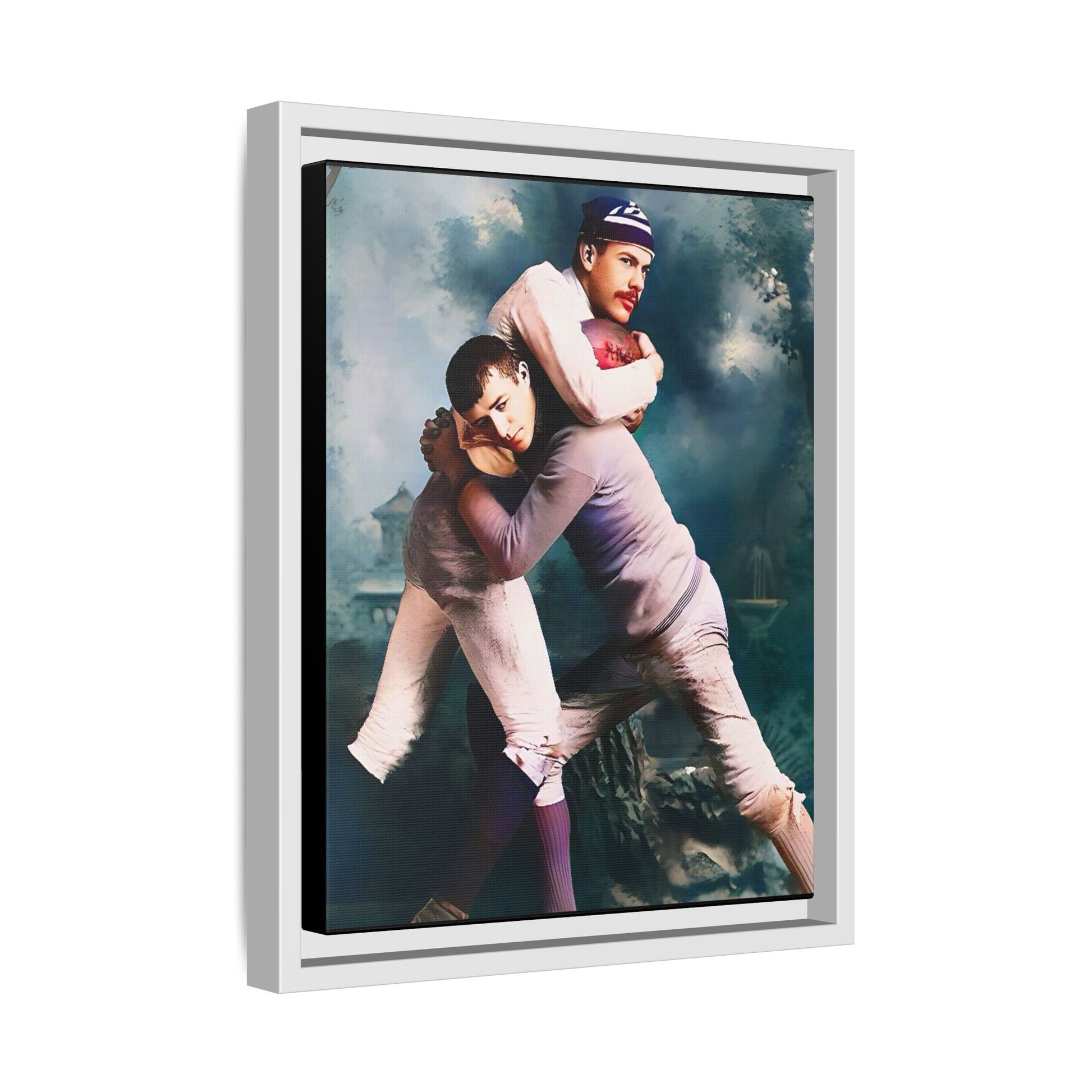 A framed vintage sports portrait on matte canvas featuring Theodore and Patrick in Chapel Hill, North Carolina, capturing timeless strength, camaraderie, and connection.