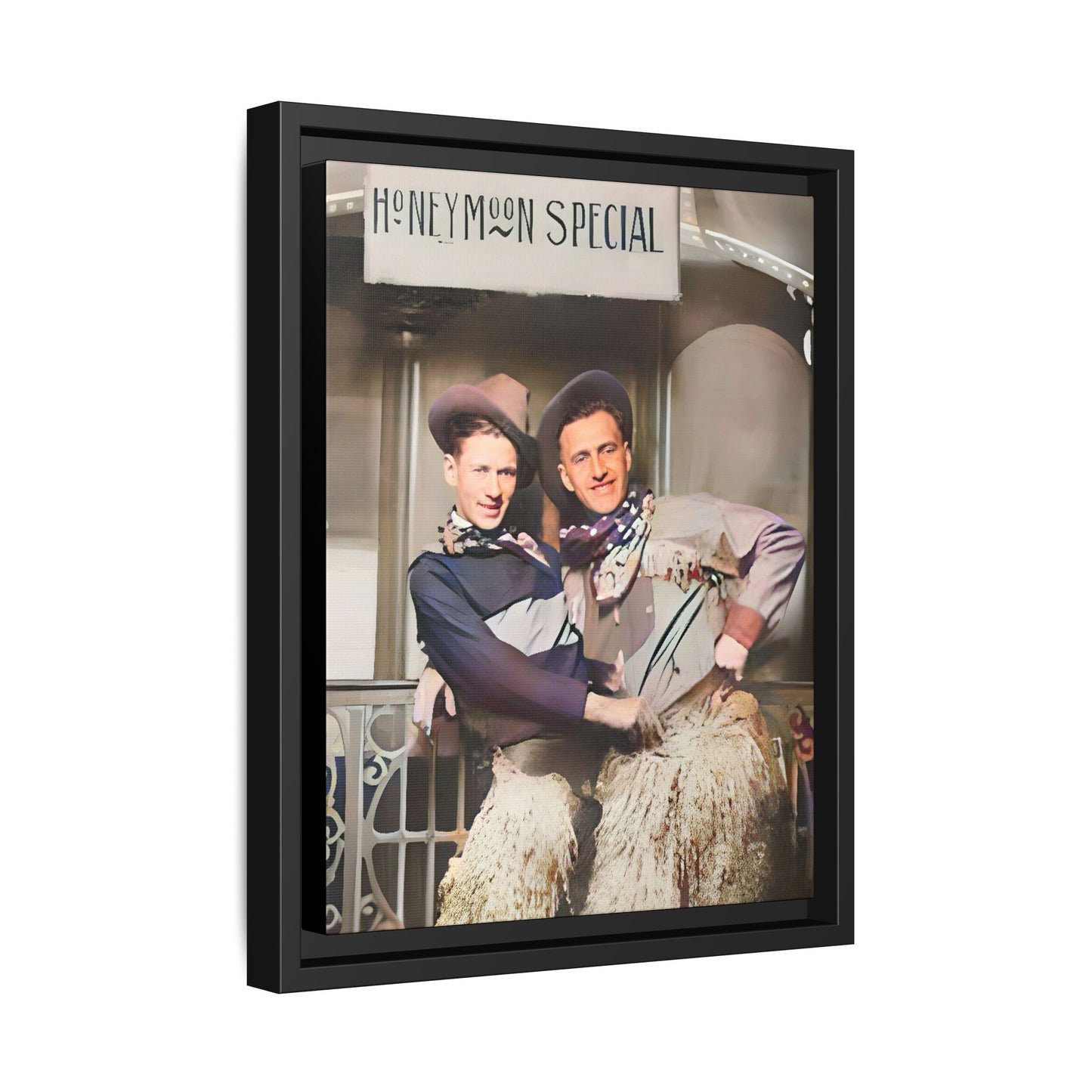 Vintage portrait of Harry & Earl in whimsical cowboy attire under the "Honeymoon Special" sign, set in 1920s San Antonio. Framed matte canvas art celebrating LGBTQ+ love and rustic Americana charm. Perfect for history enthusiasts and rustic decor lovers. Gay Marriage Wedding Gift