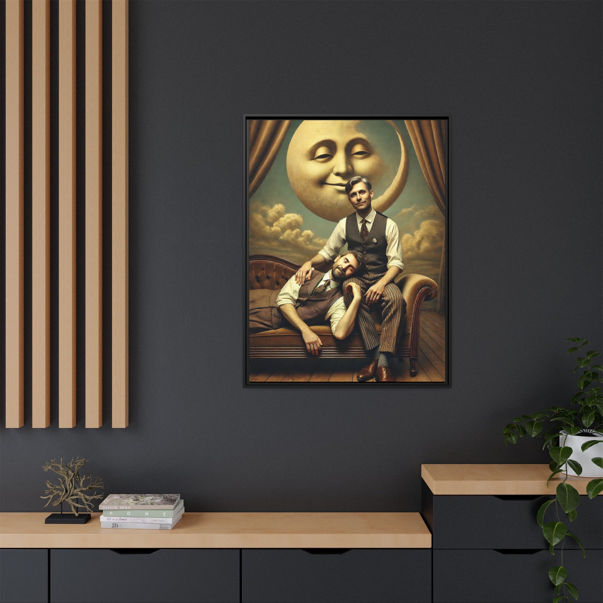 Vintage-style artwork of two men in 1920s clothing sitting close, one resting his head on the other’s lap beneath a smiling moon. Surrounded by theatrical curtains and clouds, this original piece honors lost queer love and challenges historical erasure with tenderness and pride.