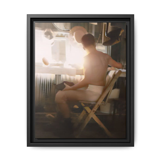A vintage Hollywood portrait of Hugh in a backstage dressing room. This framed canvas print captures the elegance and mystique of old Hollywood, making it the perfect cinematic decor for film lovers and vintage photography collectors.