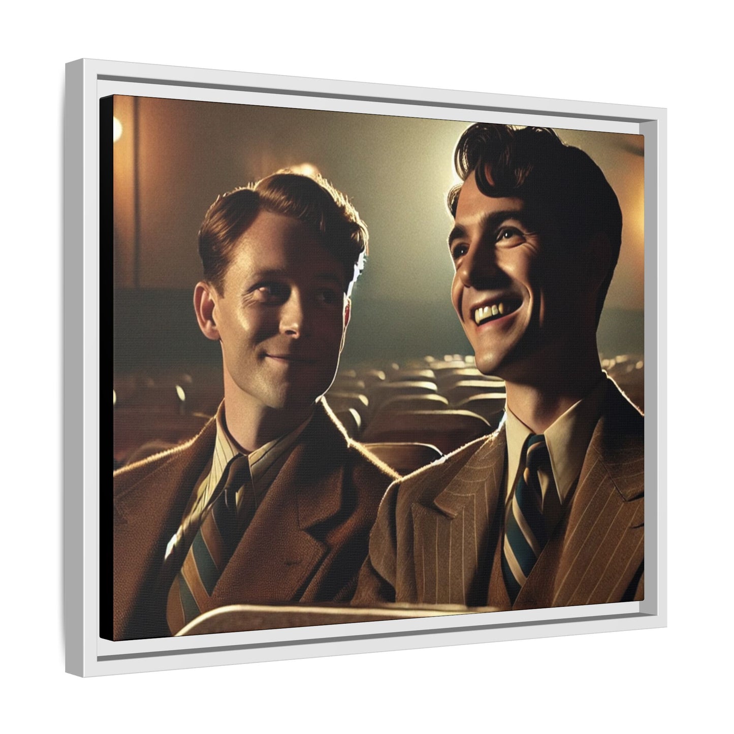 Vintage-style photo of two young men sharing an intimate moment on a date in a 1930s movie theater. Dressed in classic pinstripe suits, their smiles and close connection evoke the warmth and charm of the era, celebrating LGBTQ+ history and timeless romance.