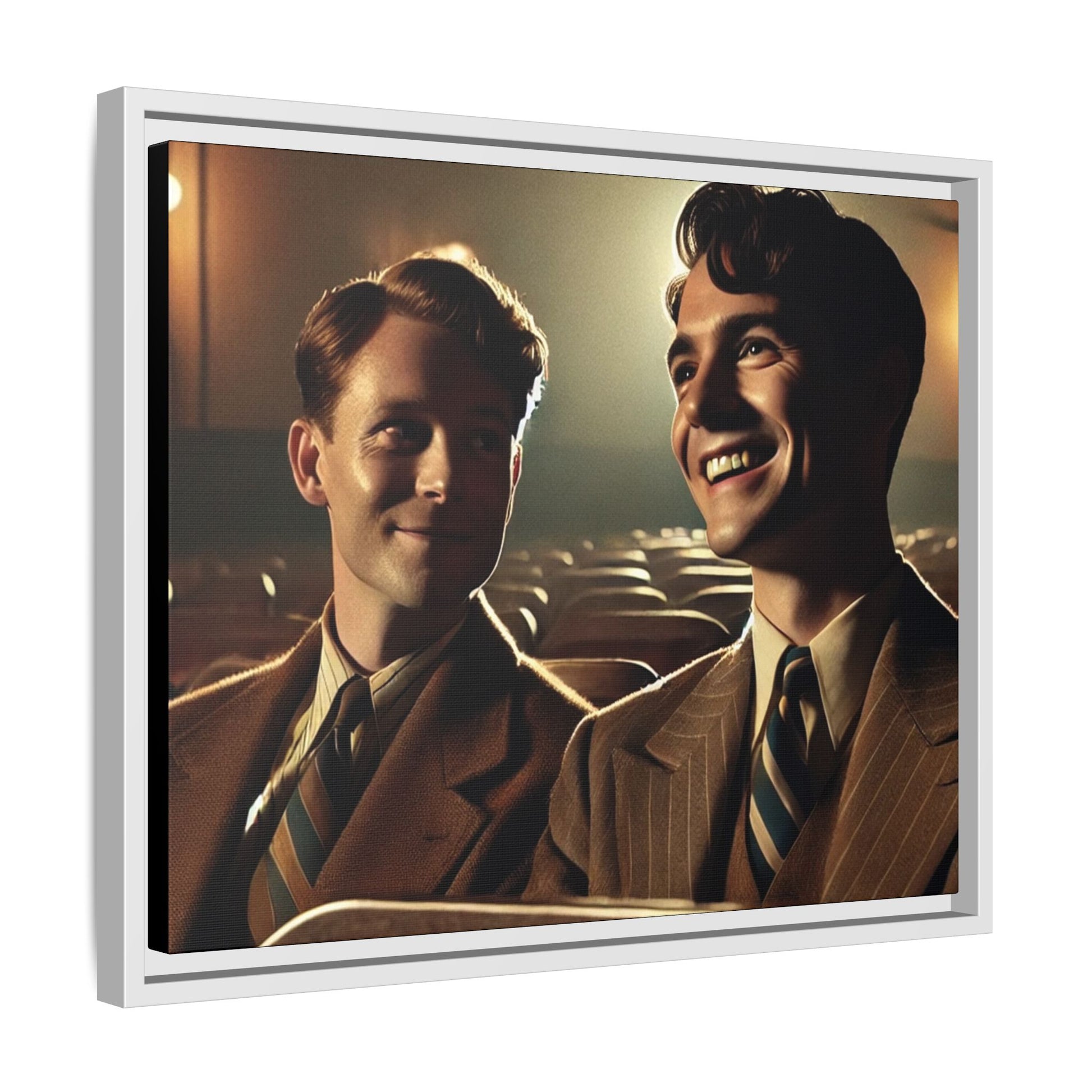 Vintage-style photo of two young men sharing an intimate moment on a date in a 1930s movie theater. Dressed in classic pinstripe suits, their smiles and close connection evoke the warmth and charm of the era, celebrating LGBTQ+ history and timeless romance.