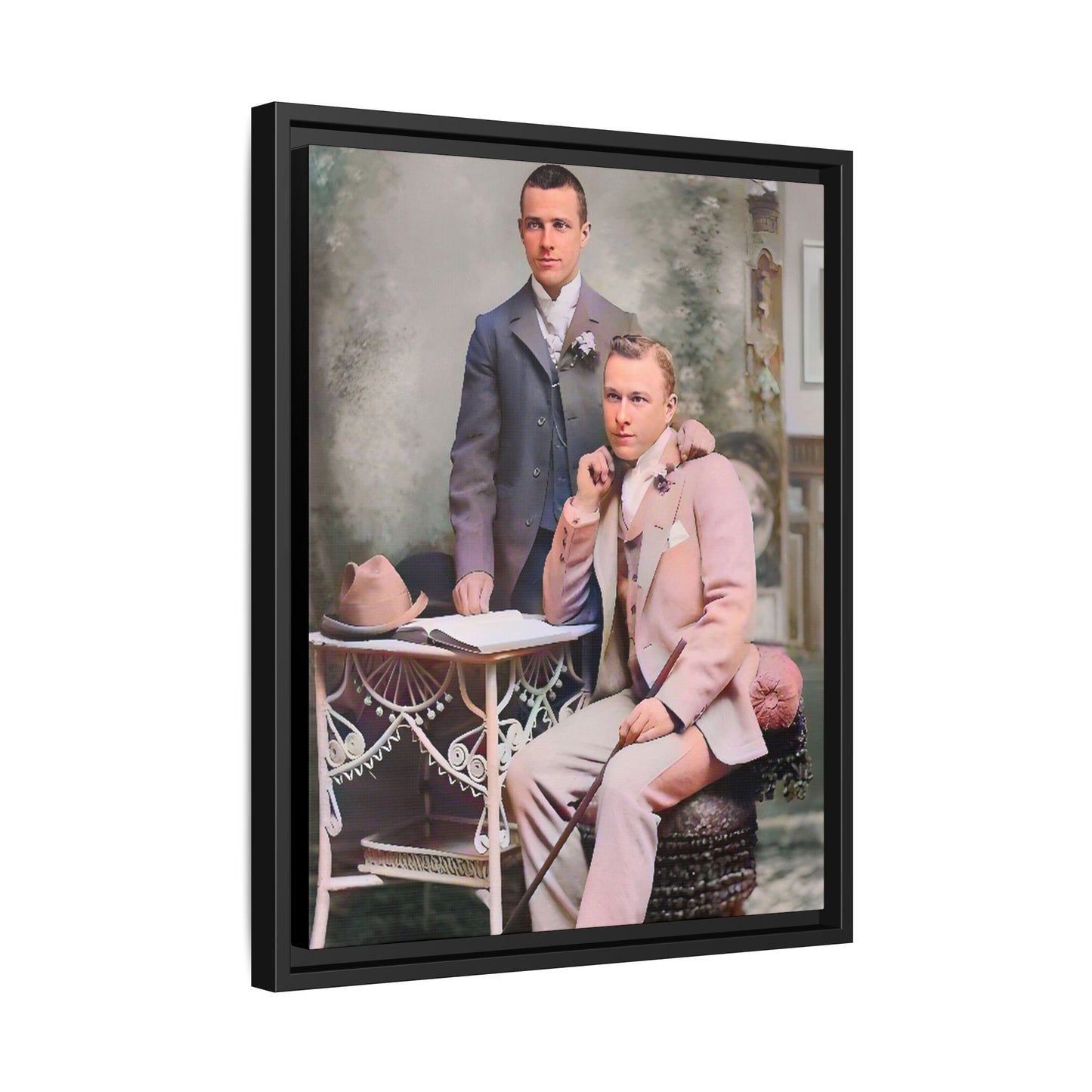 Restored early 1900s photo of Walt and Dewey in tailored suits, posed elegantly in Kansas City, celebrating LGBTQ+ love and resilience, framed as wall art. Gay Coup