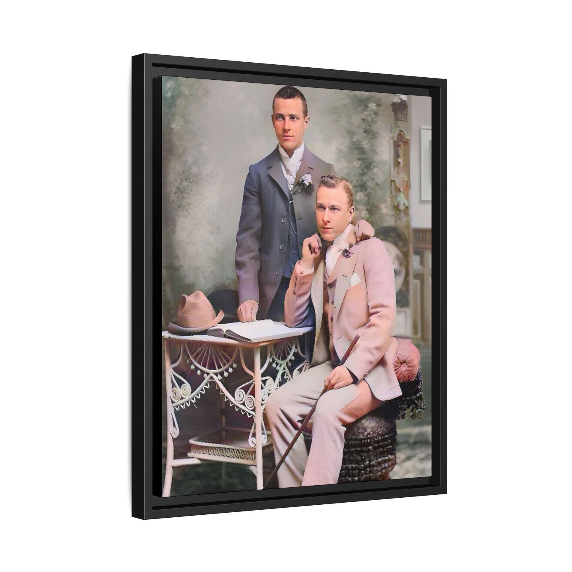 Restored early 1900s photo of Walt and Dewey in tailored suits, posed elegantly in Kansas City, celebrating LGBTQ+ love and resilience, framed as wall art. Gay Coup