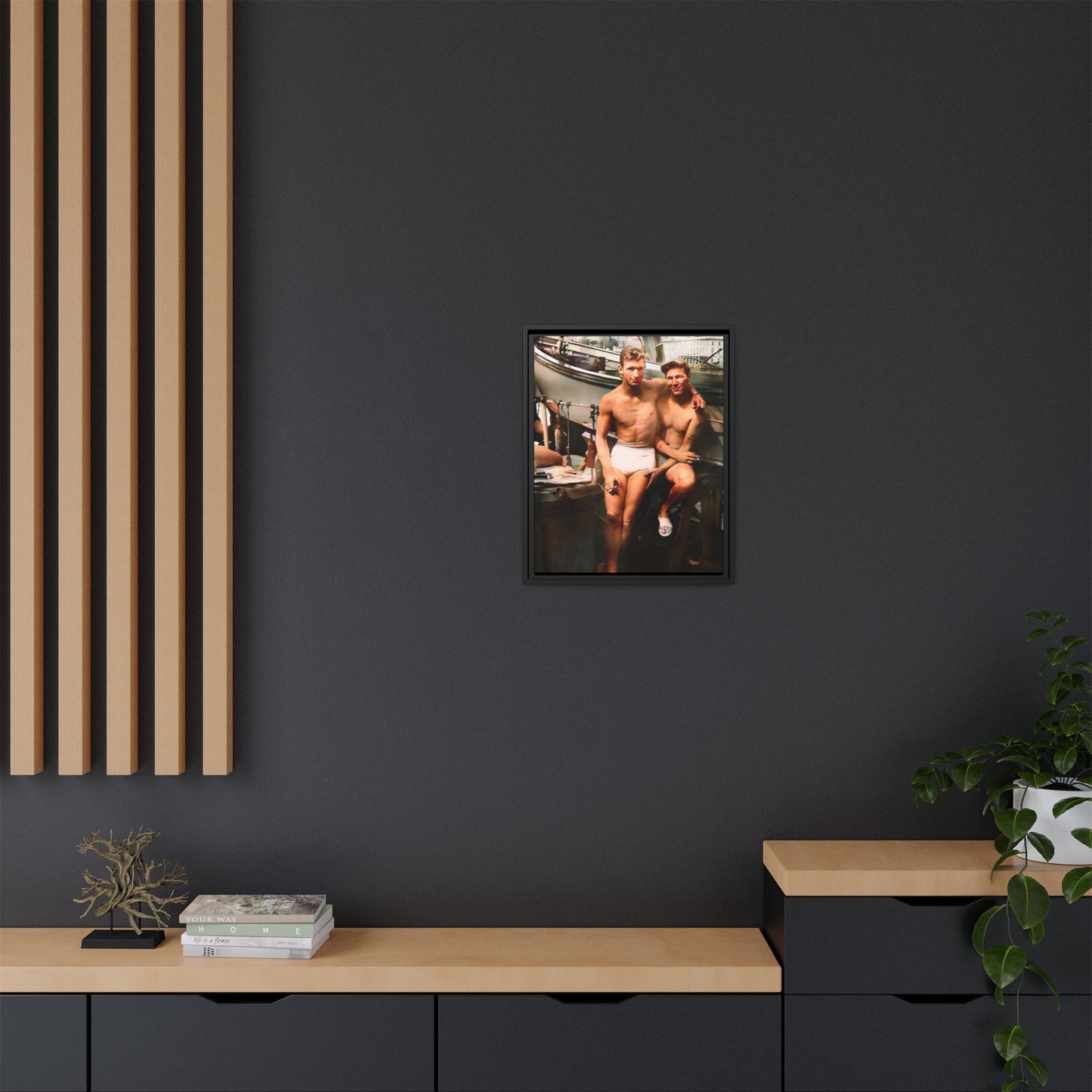 A framed vintage nautical portrait on matte canvas featuring Richard and Joey in Gulf Shores, Alabama, capturing timeless LGBTQ+ connection and coastal charm. Gay Couple