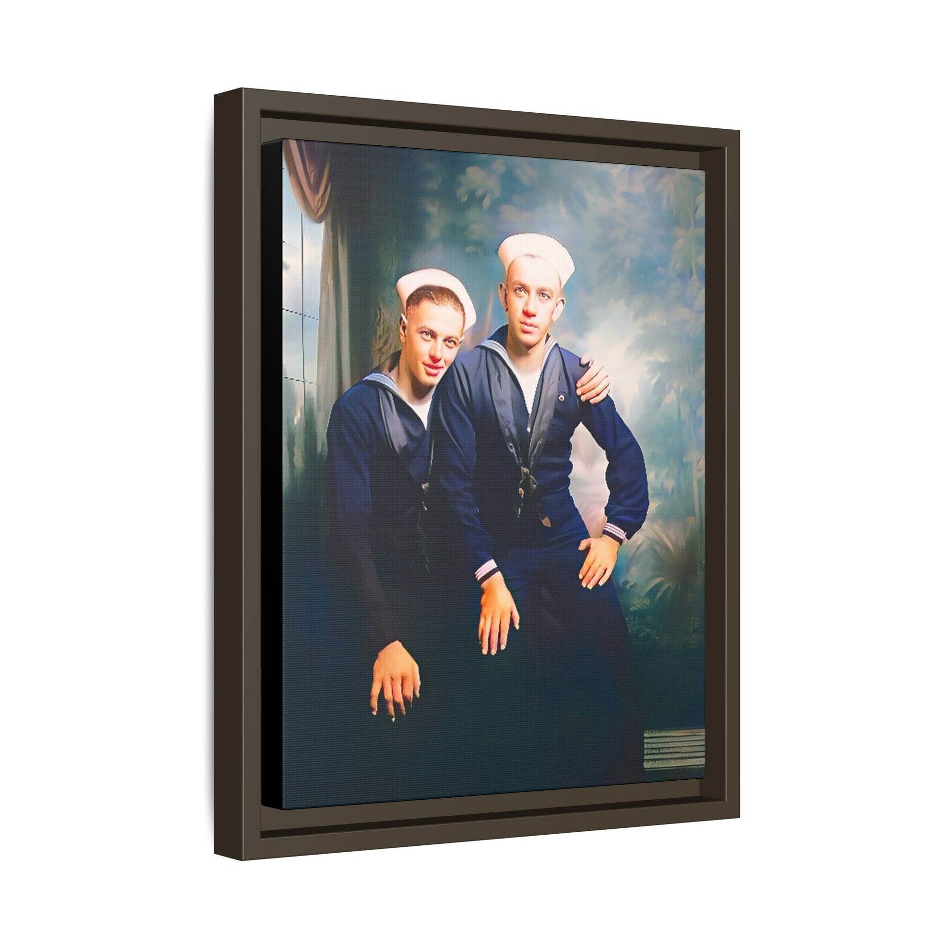A restored vintage naval portrait of Thomas & Ervin at Naval Station Newport, Rhode Island. This framed matte canvas honors LGBTQ+ history, military service, and timeless camaraderie. Gay Couple